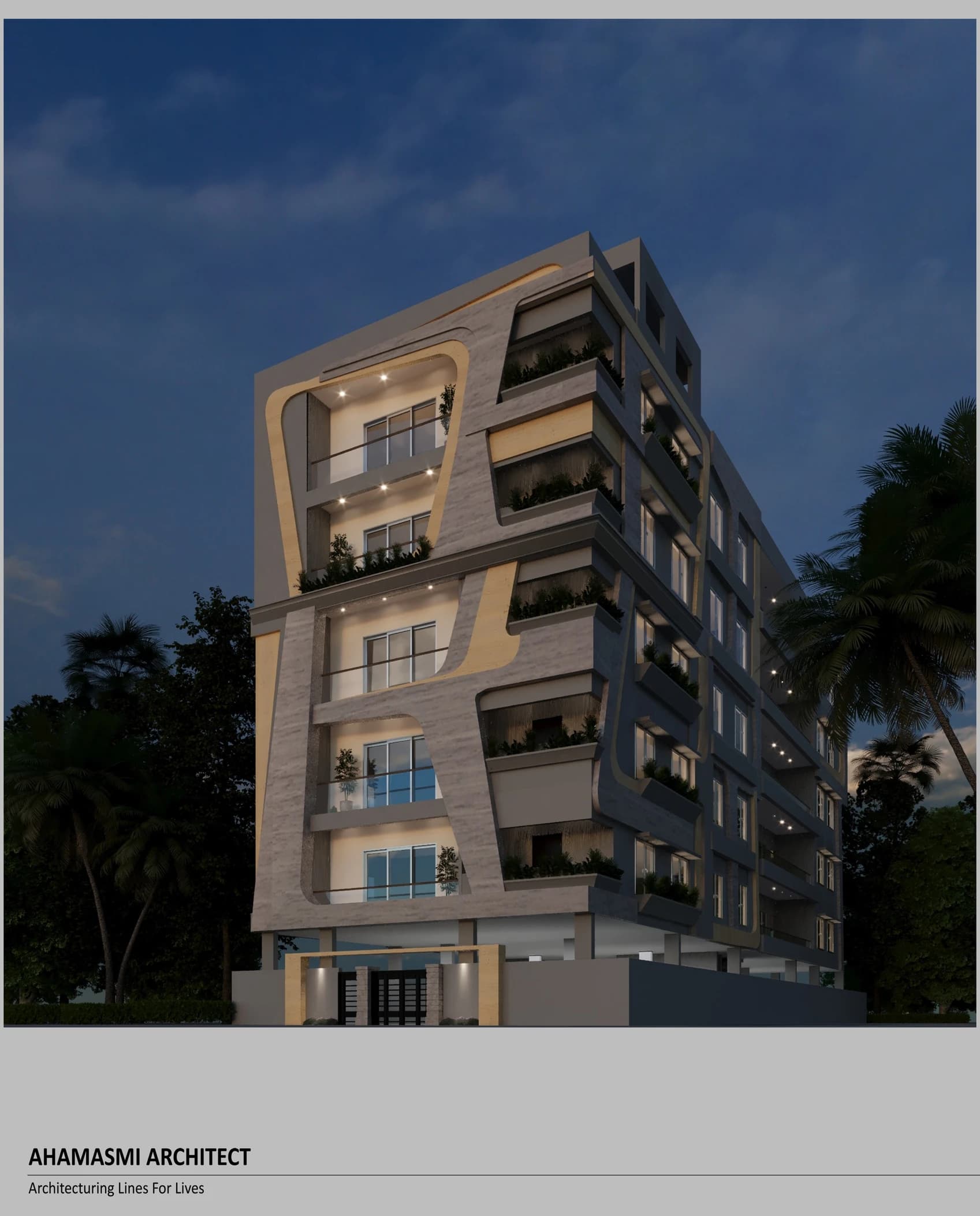 Evening exterior view of a multi-storey residential building