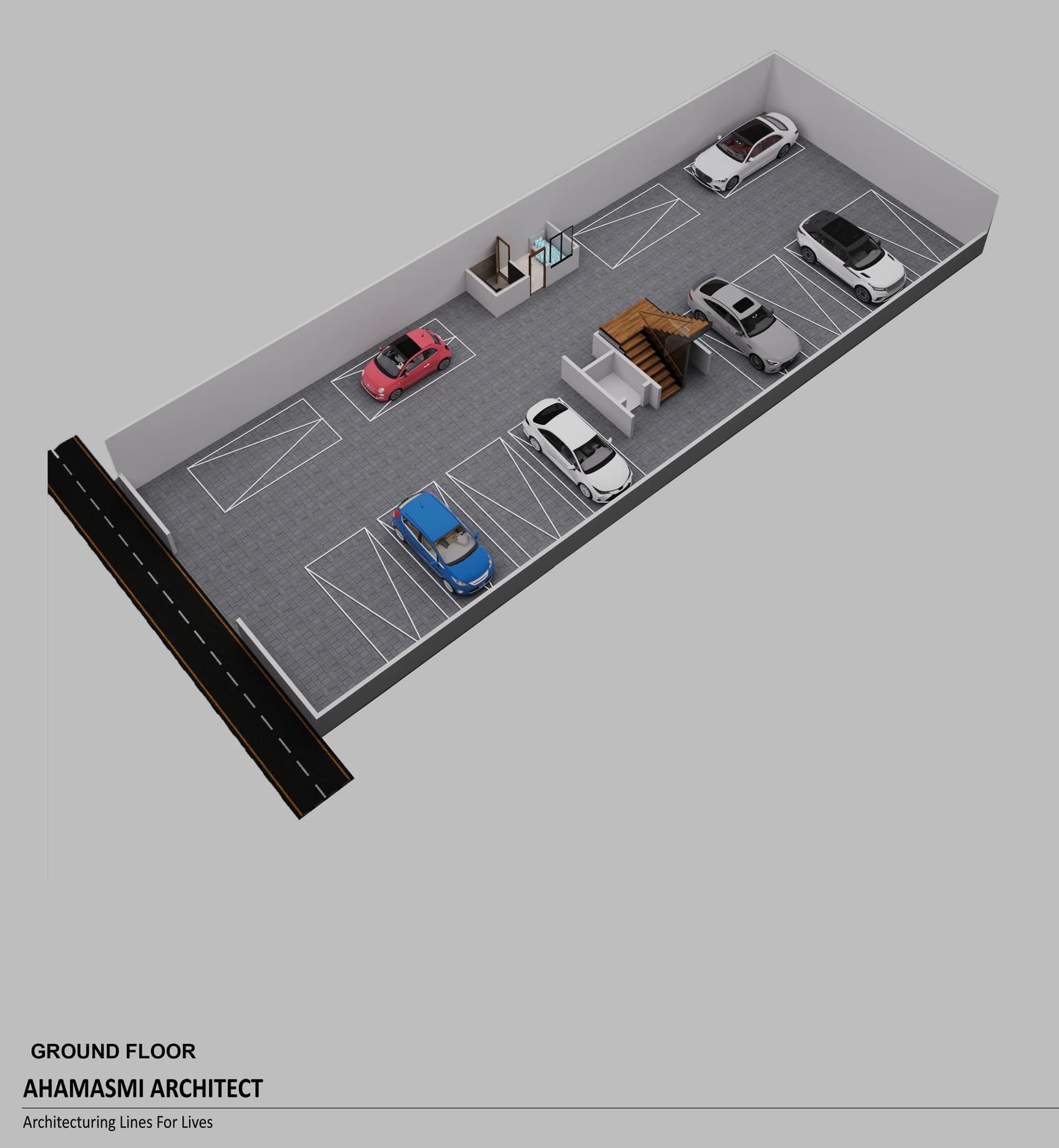 Isometric view of ground-level parking and site layout