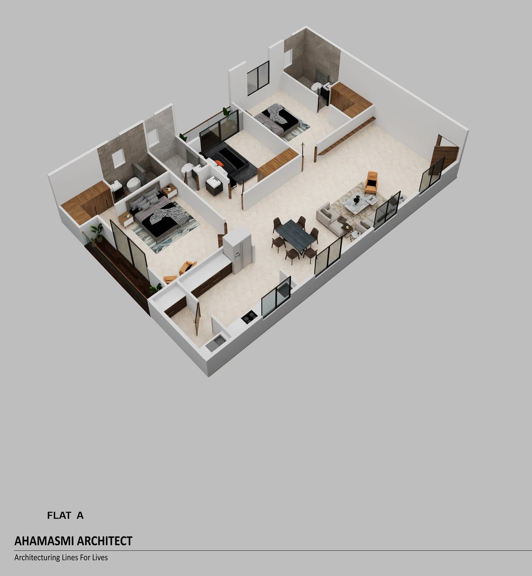 Isometric apartment layout with living and bedroom spaces