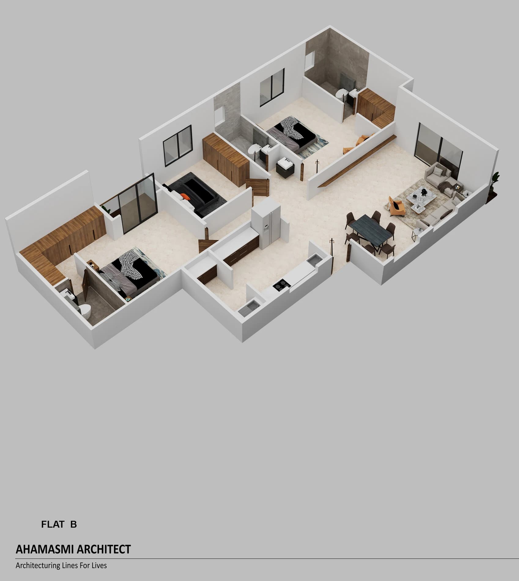 Isometric apartment layout with rooms arranged around a central living area