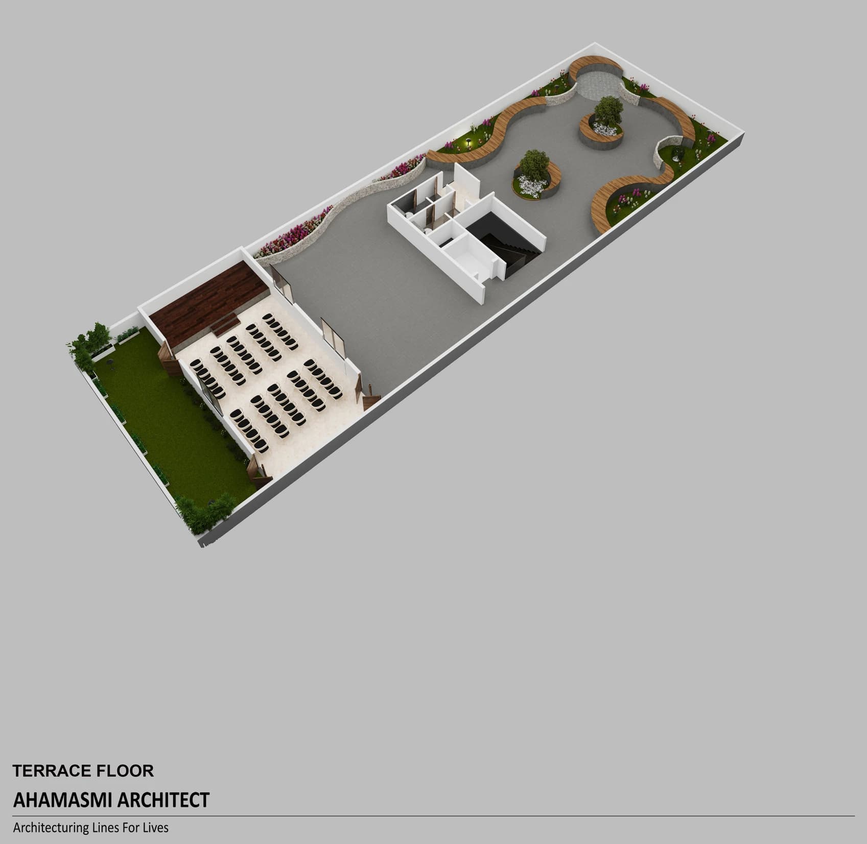 Isometric terrace-level view with landscaped outdoor areas