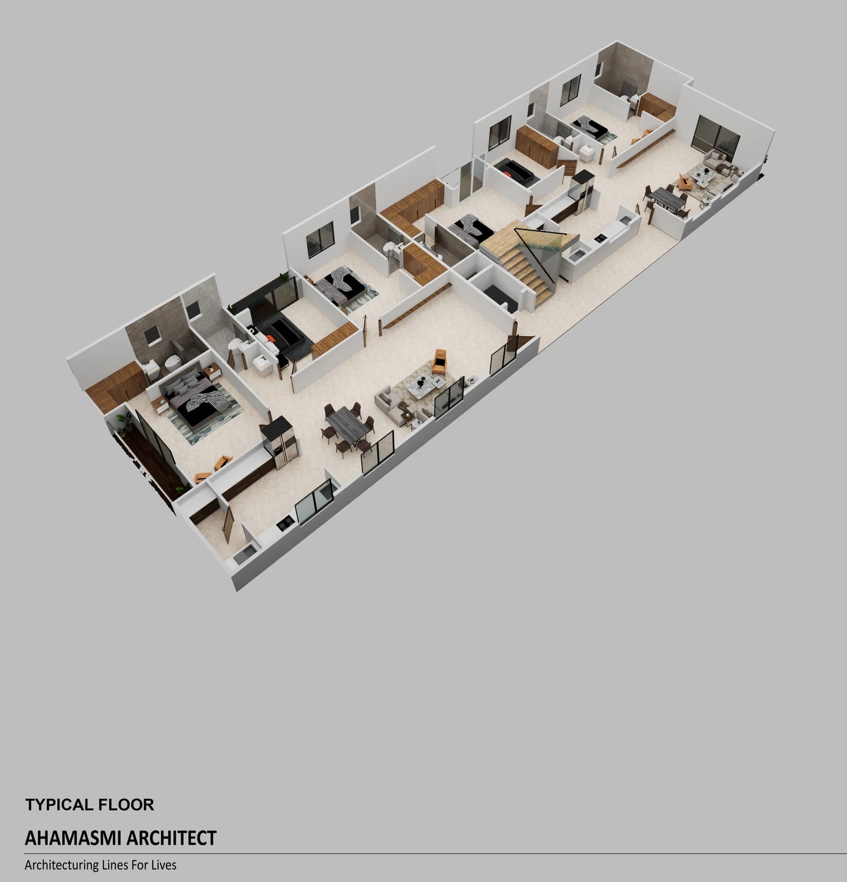 Isometric typical floor layout with multiple apartments