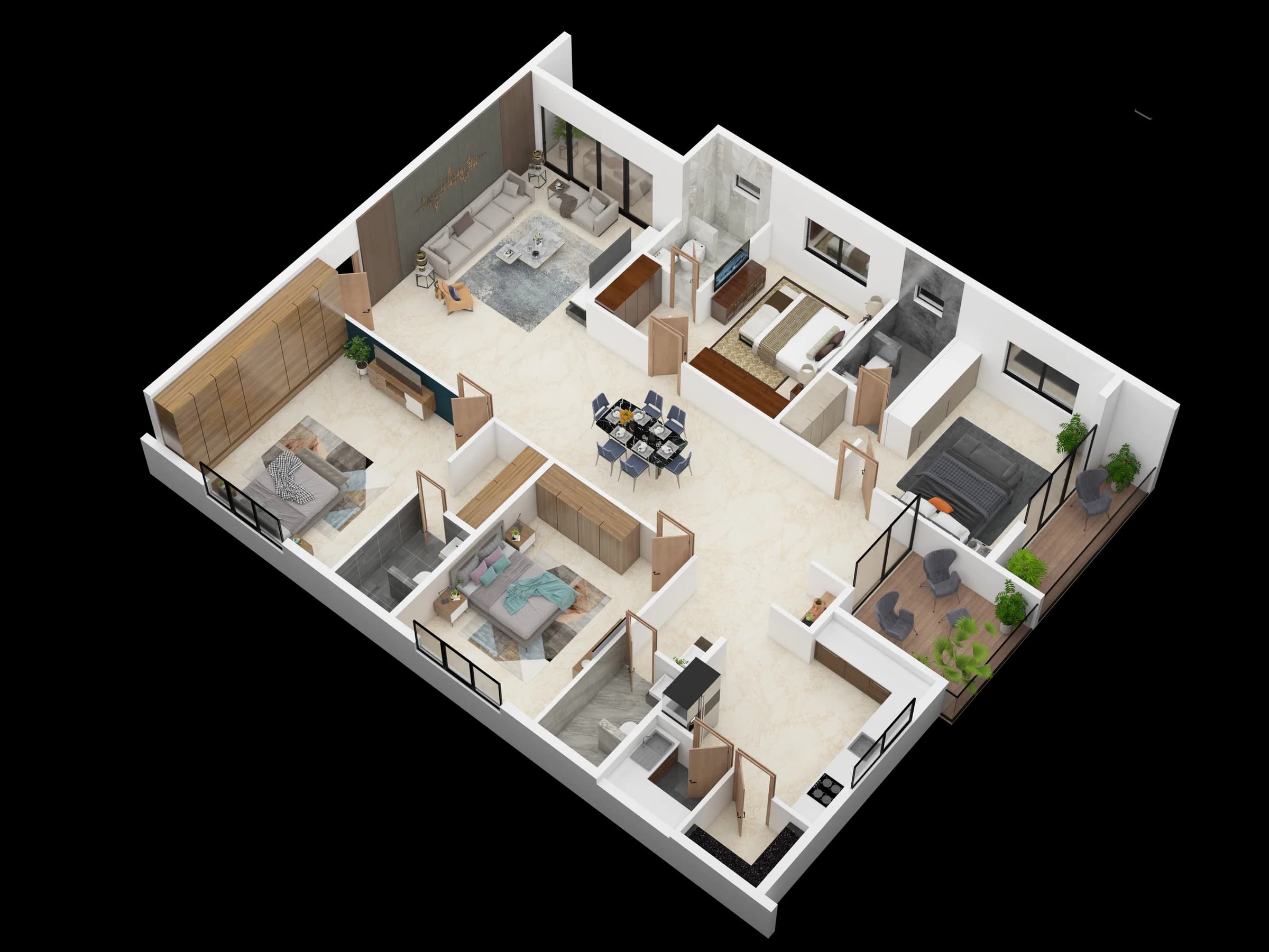Isometric apartment interior layout with living and bedroom spaces