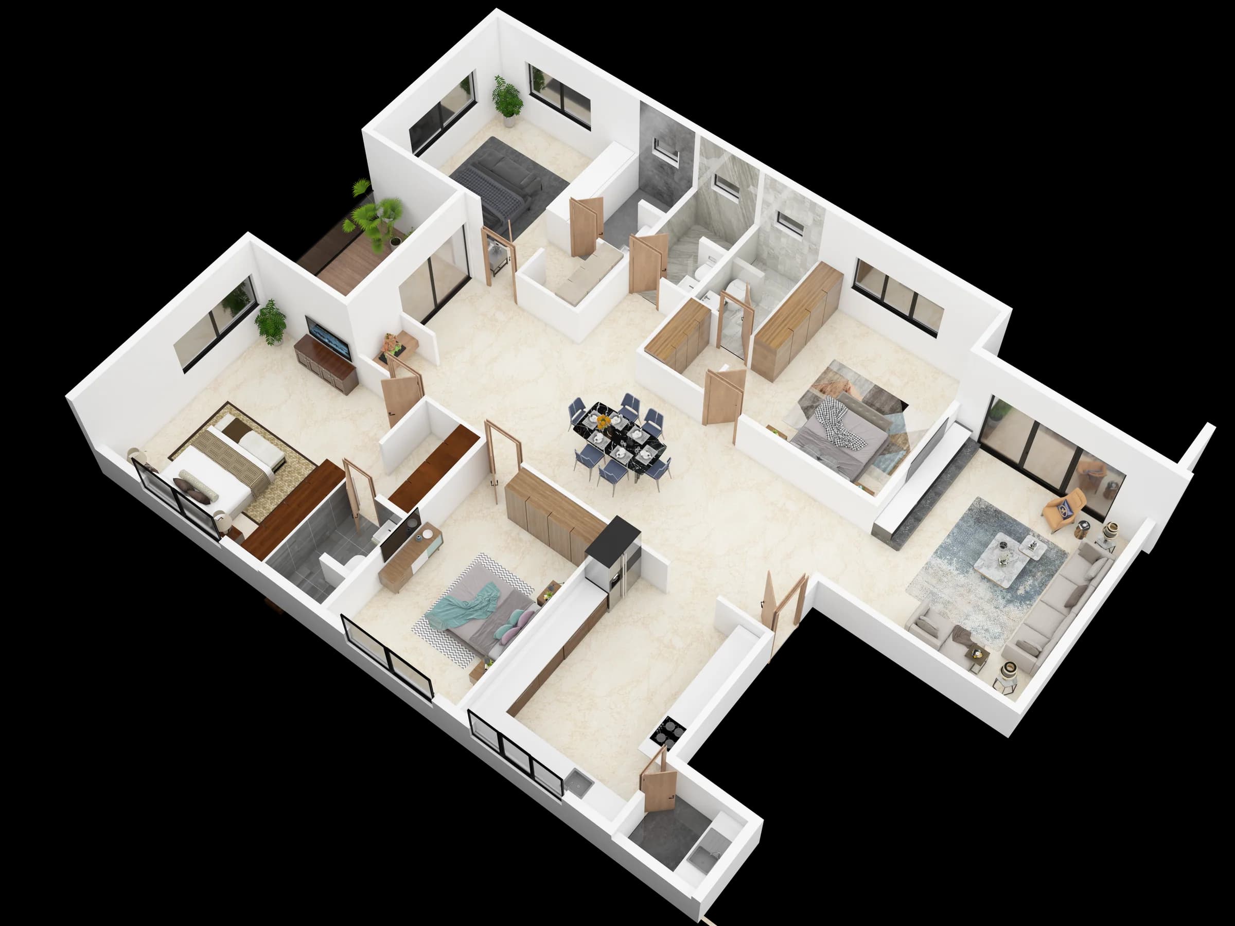 Isometric apartment layout with balcony and multiple rooms