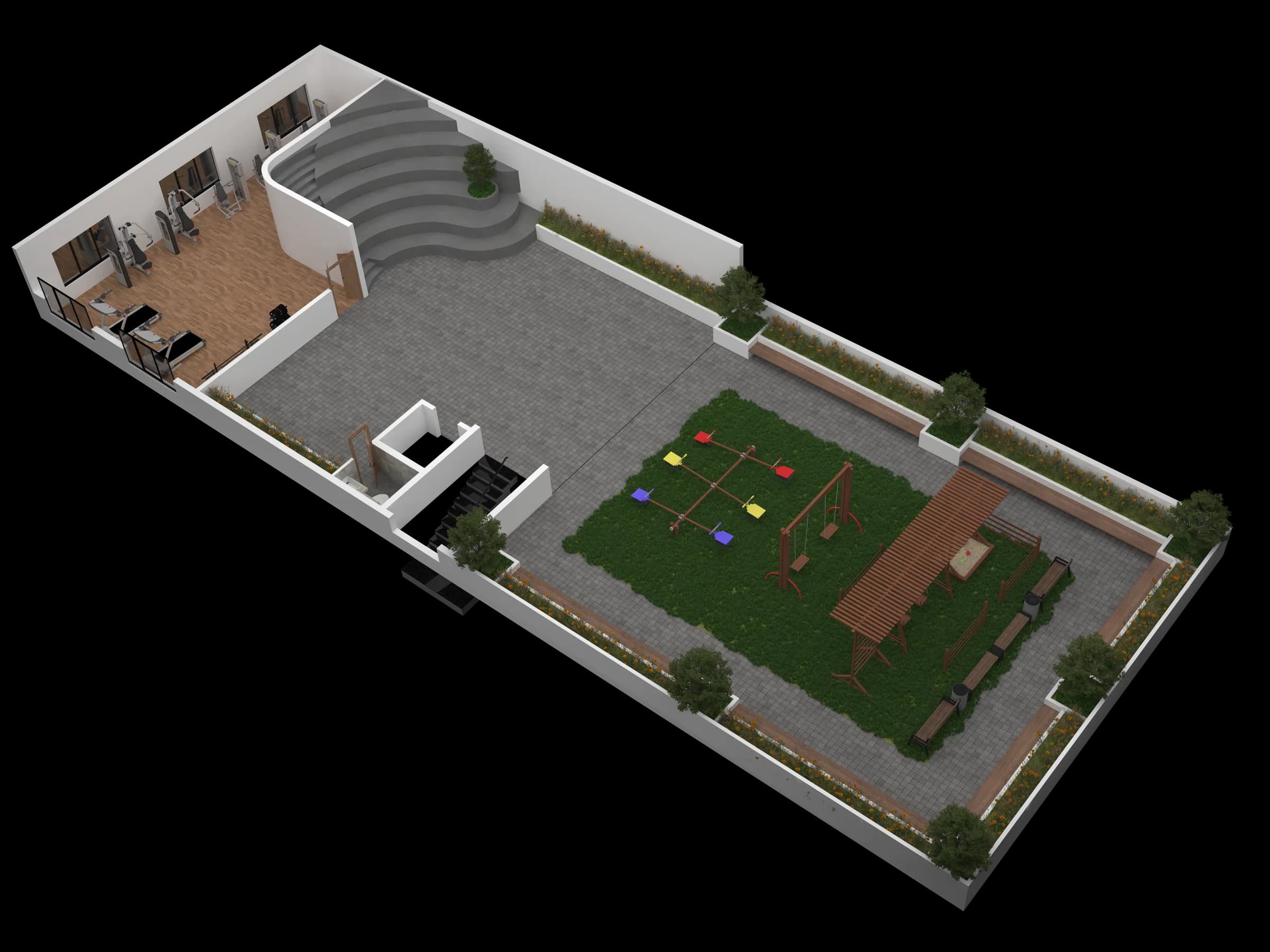 Isometric outdoor terrace and recreation area