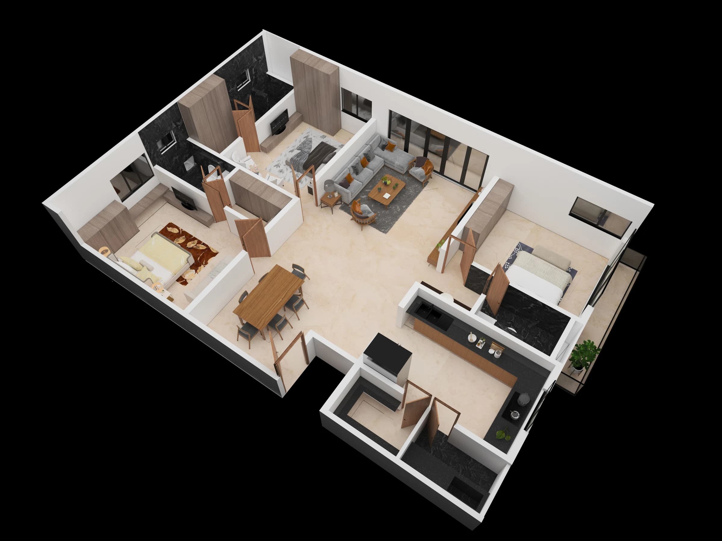 Isometric apartment layout with living and bedroom spaces