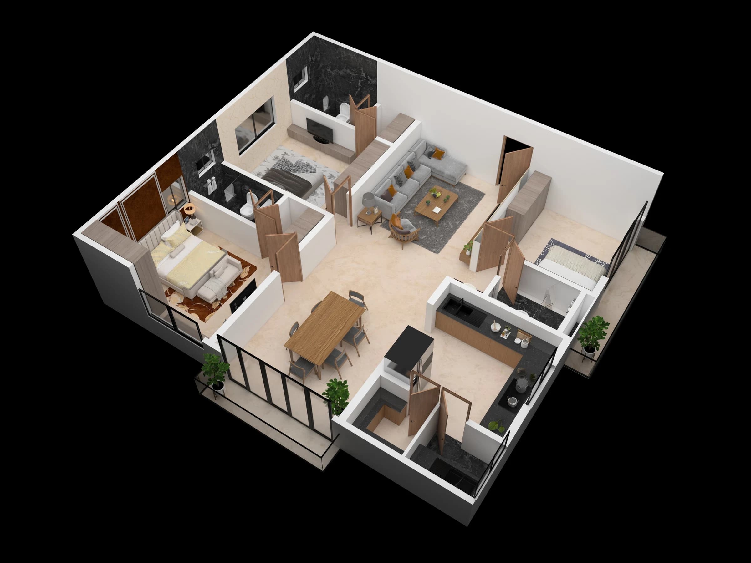 Isometric apartment layout with multiple bedrooms