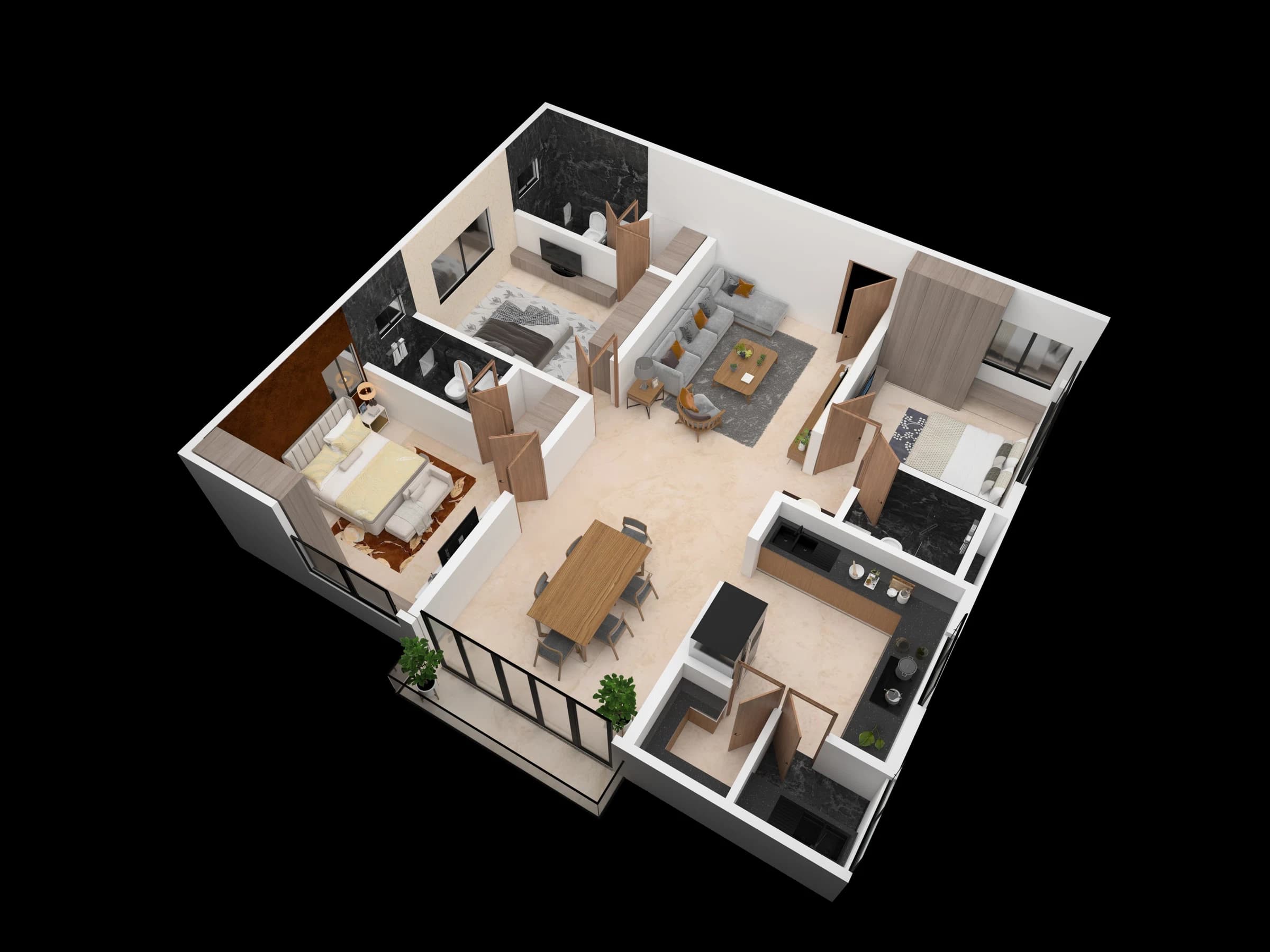 Isometric apartment layout with kitchen and bedroom spaces