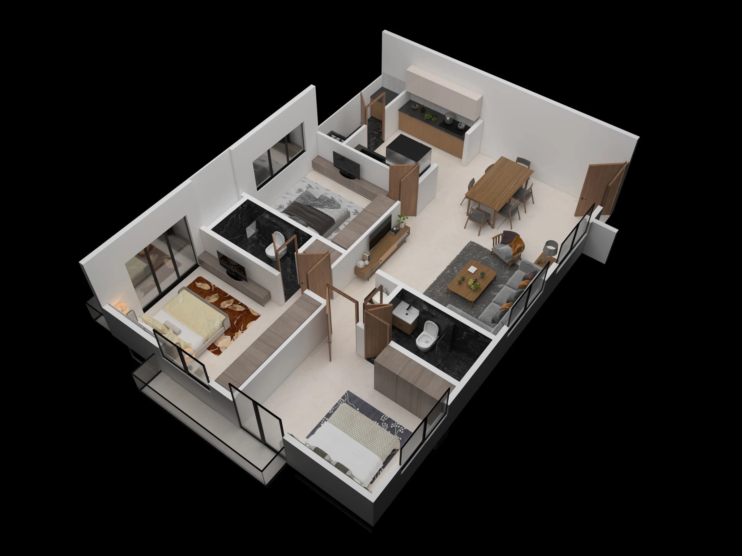 Isometric apartment layout with dining and bedroom spaces
