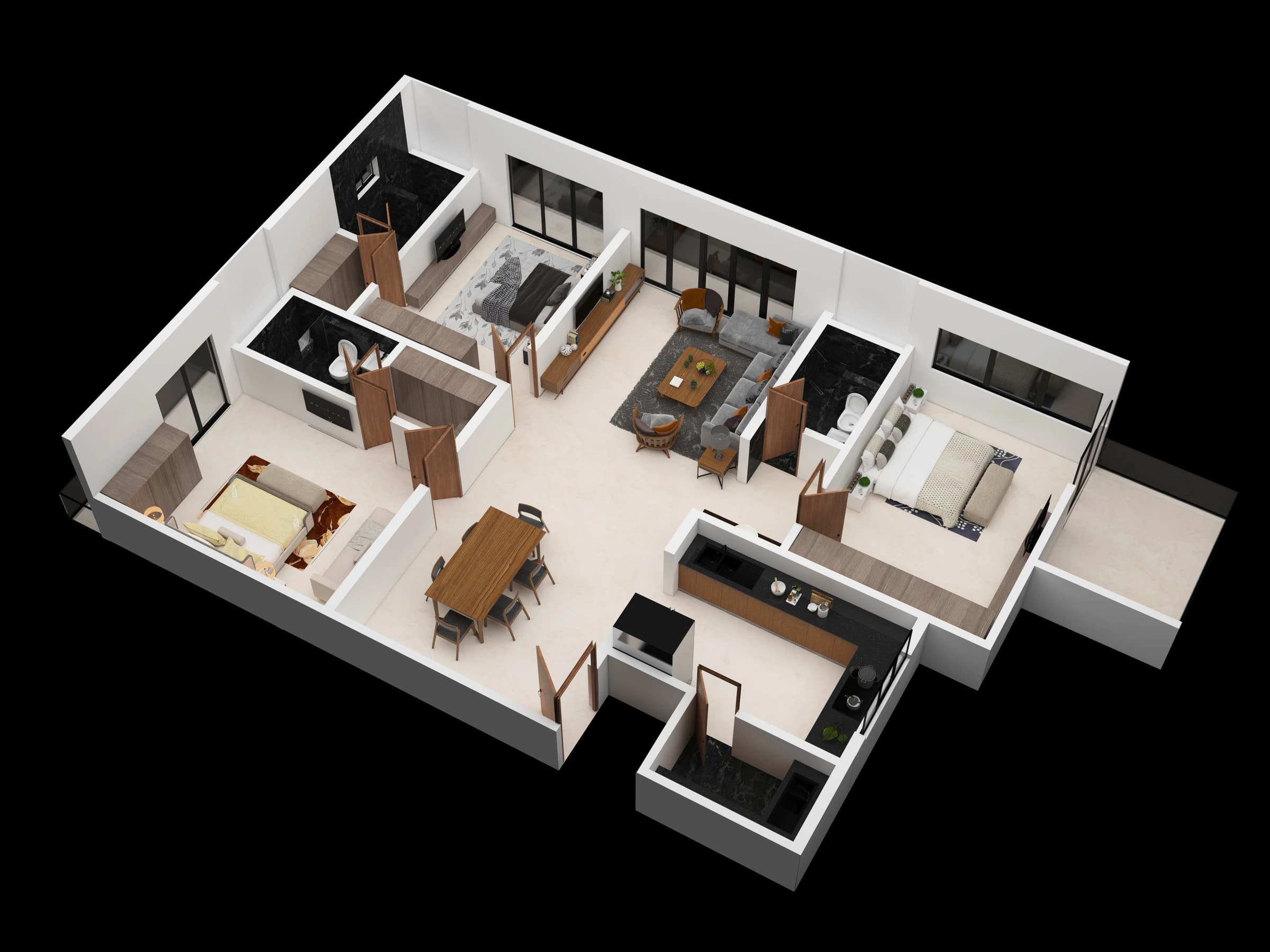 Isometric apartment layout with balcony and living spaces