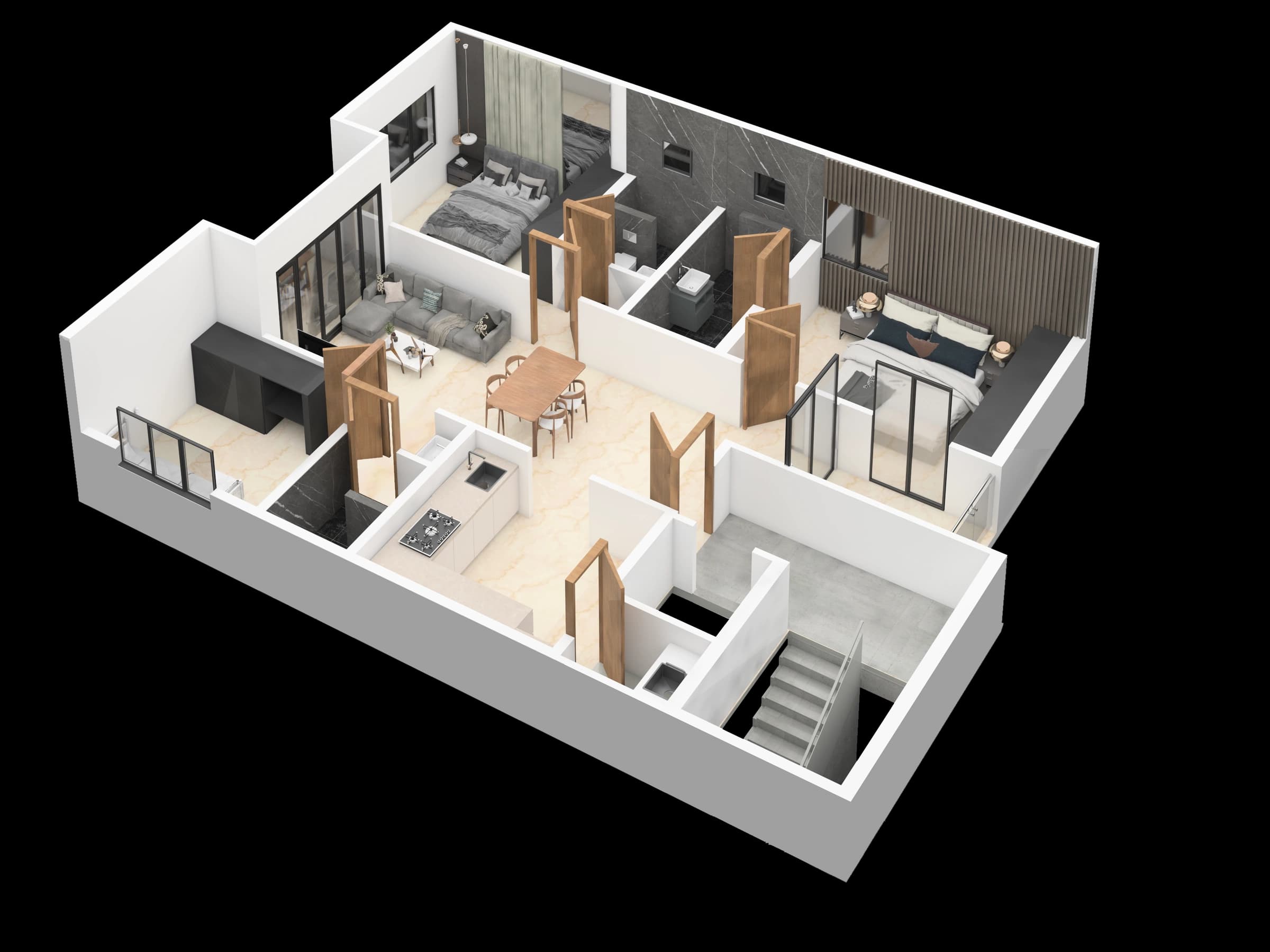Isometric residential building render with outdoor context