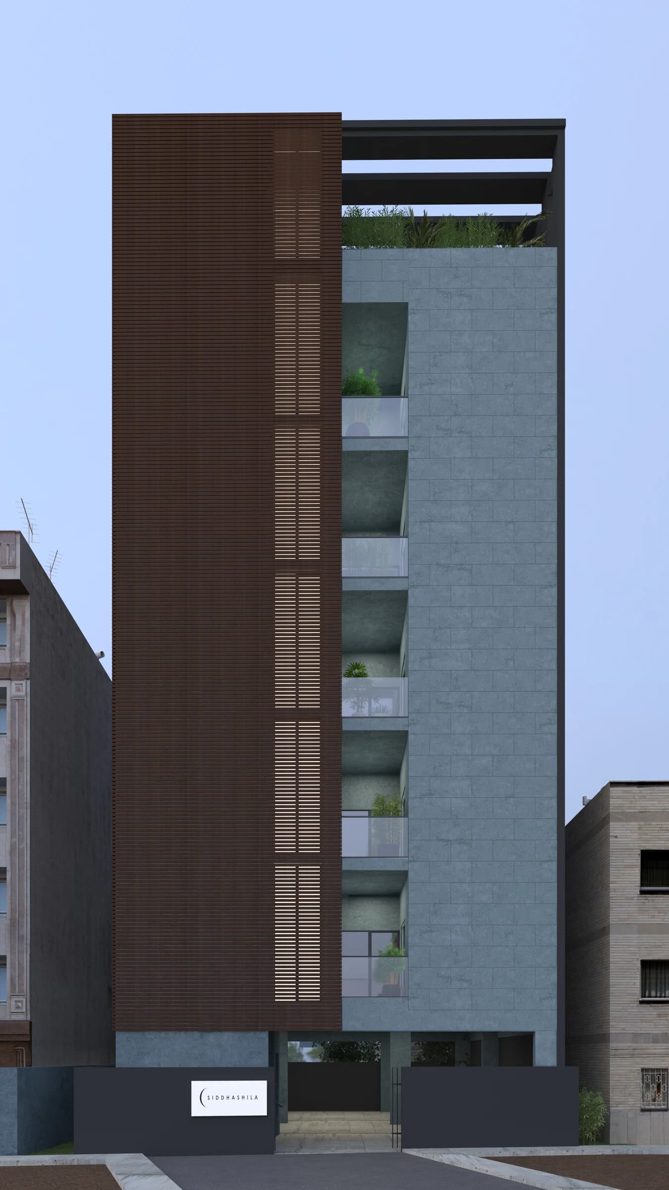 Daytime exterior view of a tall residential building