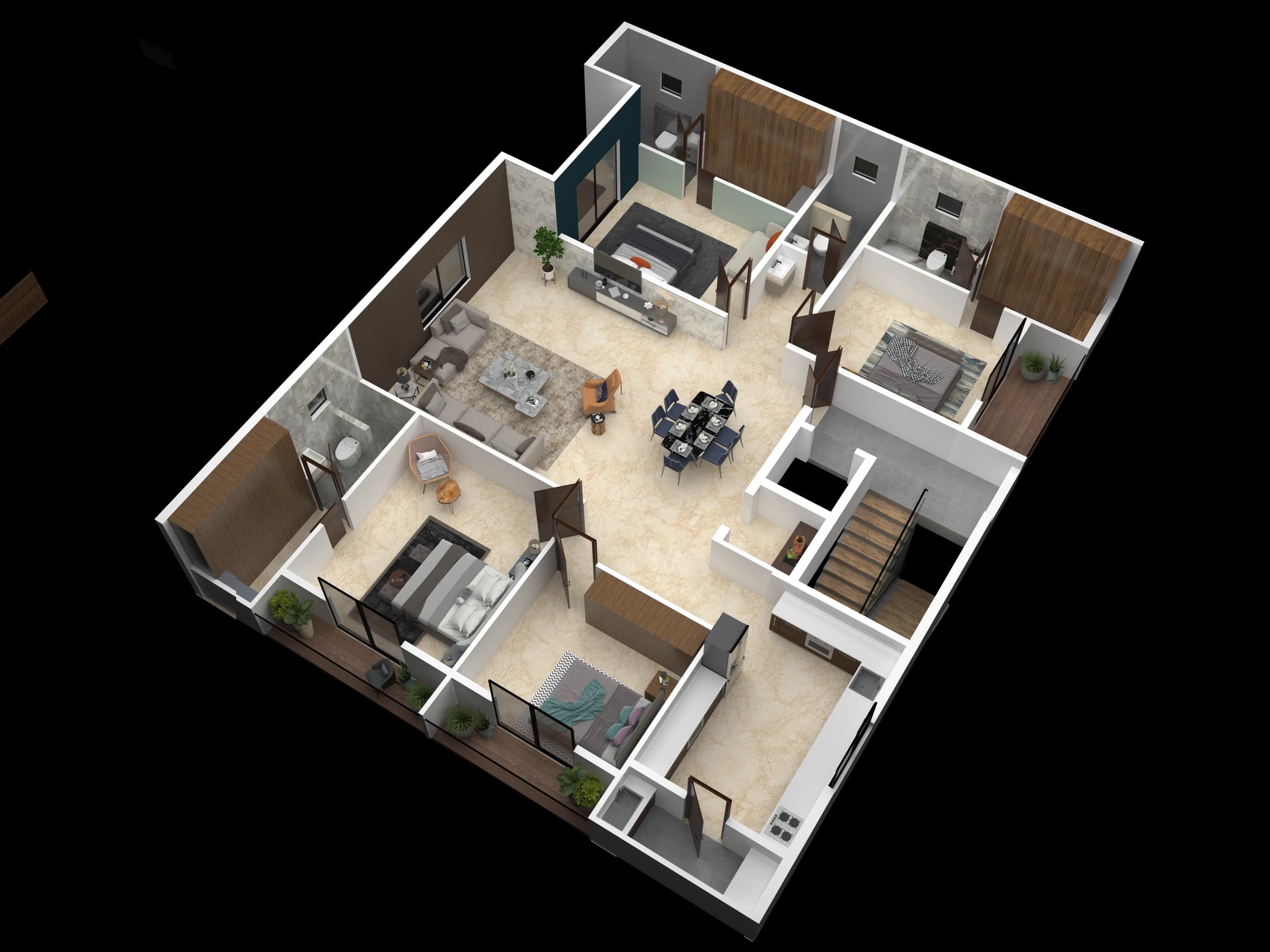 Isometric cut-section view of residential floors