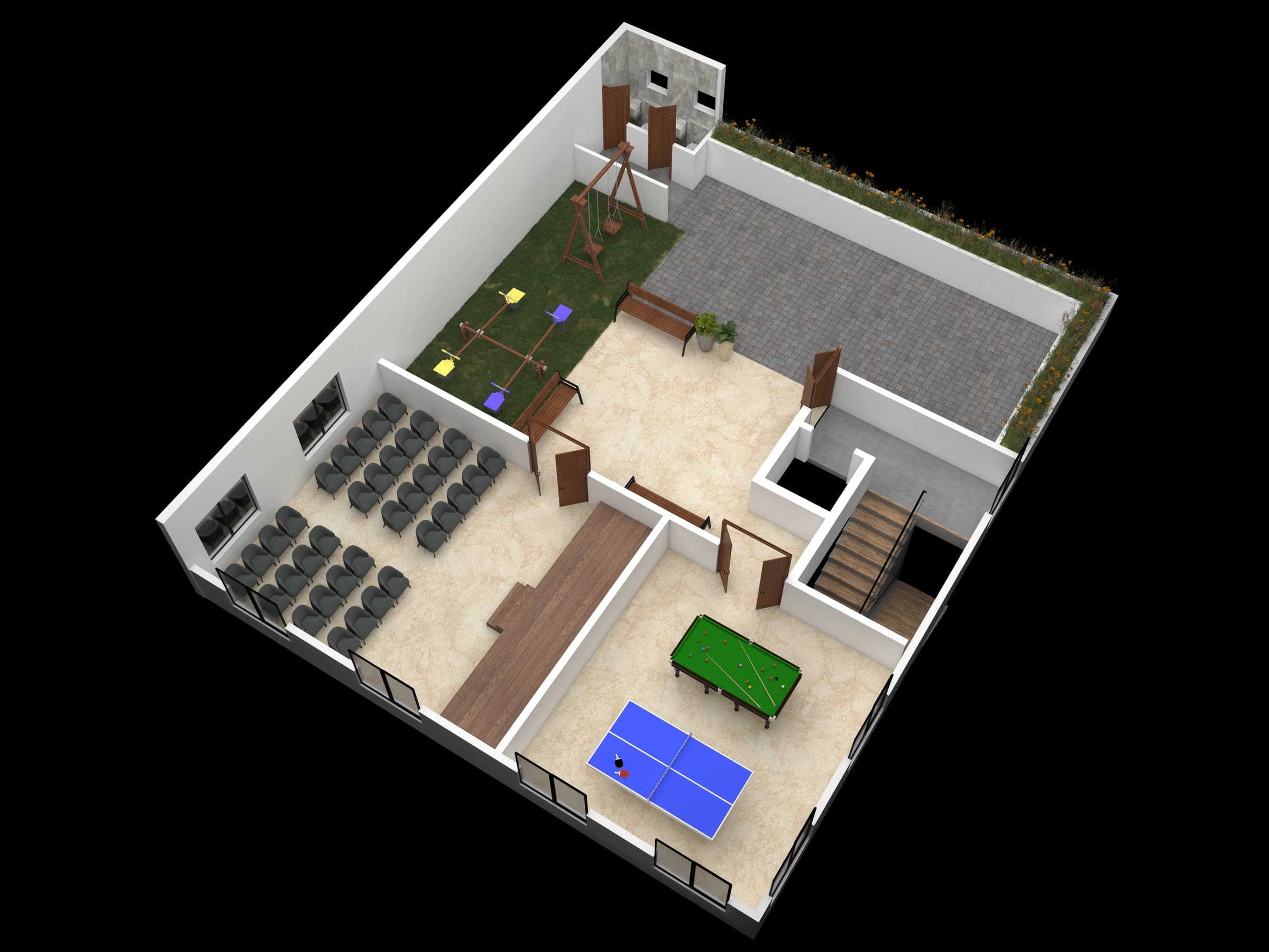 Isometric site and parking-level layout