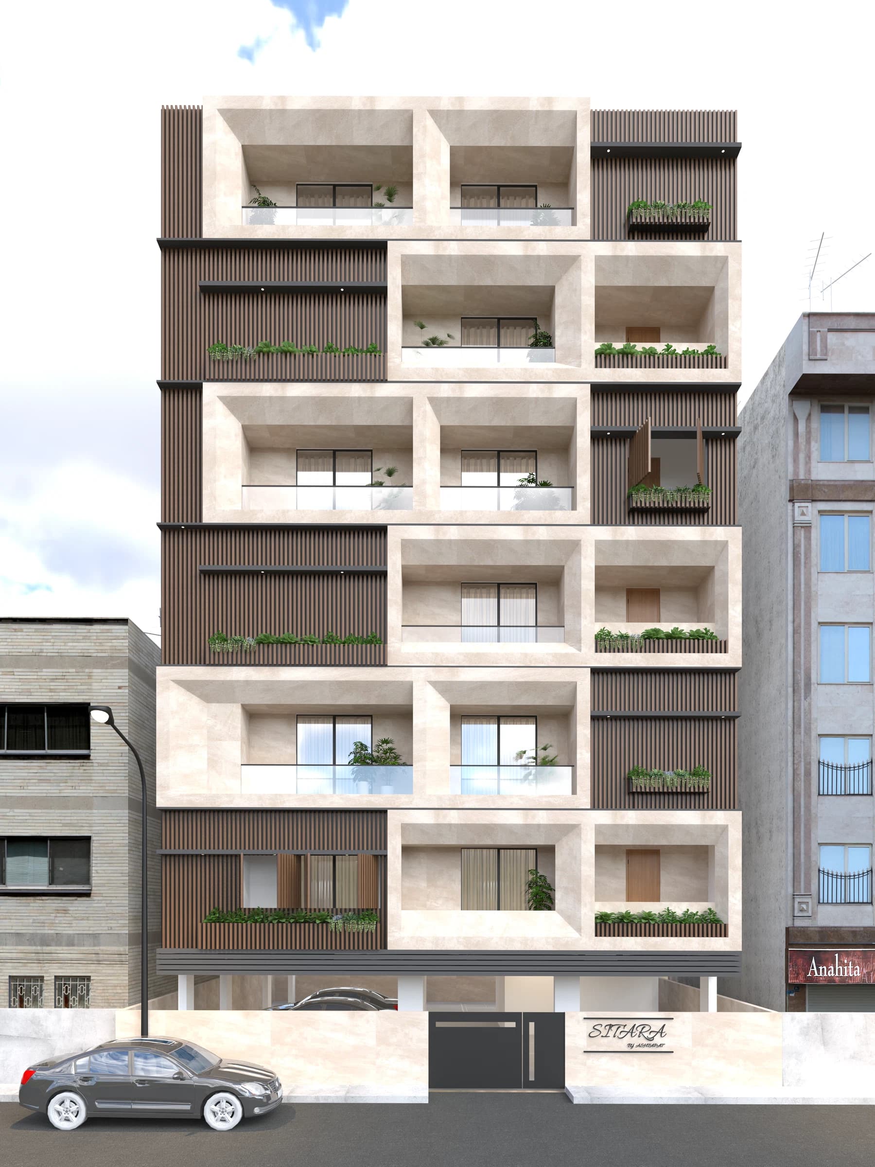 Daytime exterior view of a residential building with balconies