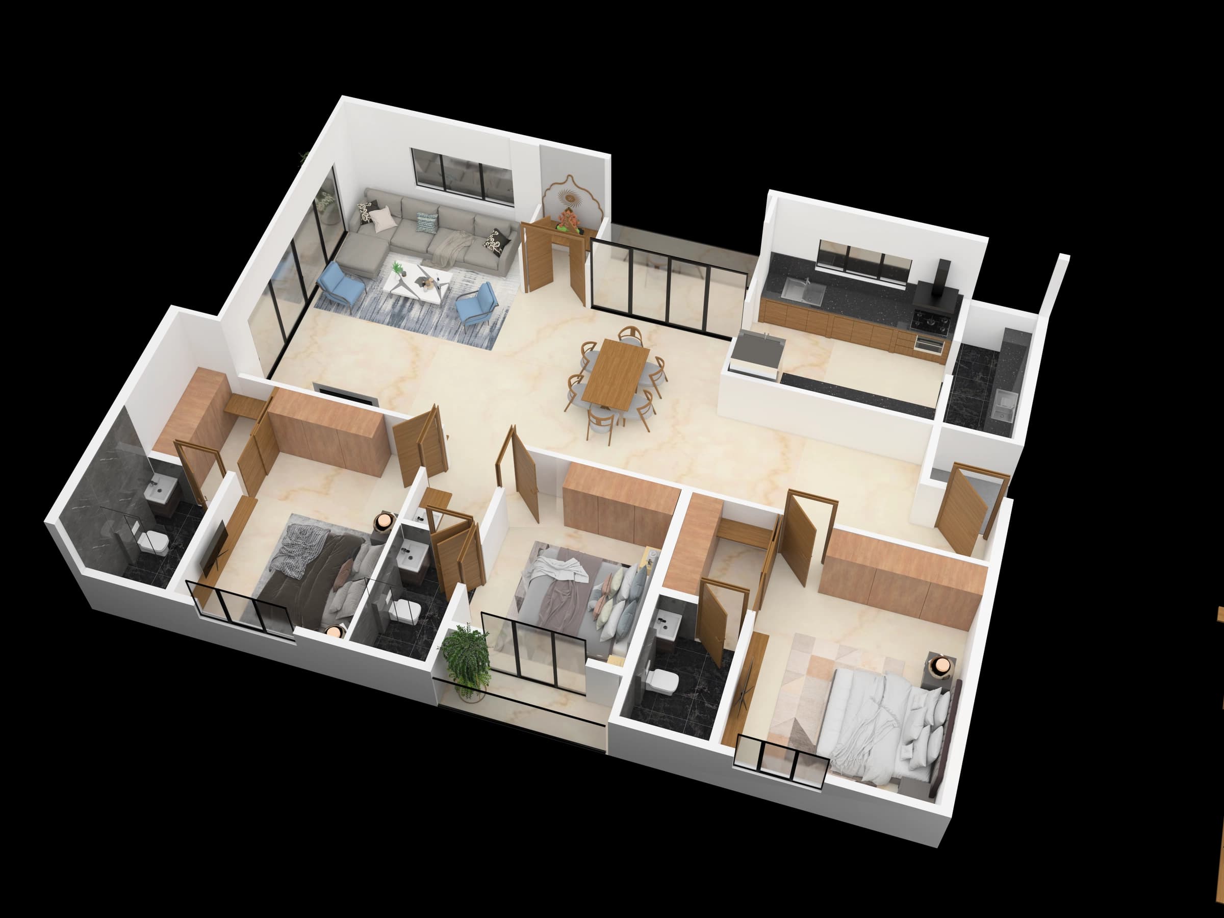 Isometric apartment layout with living and bedroom spaces