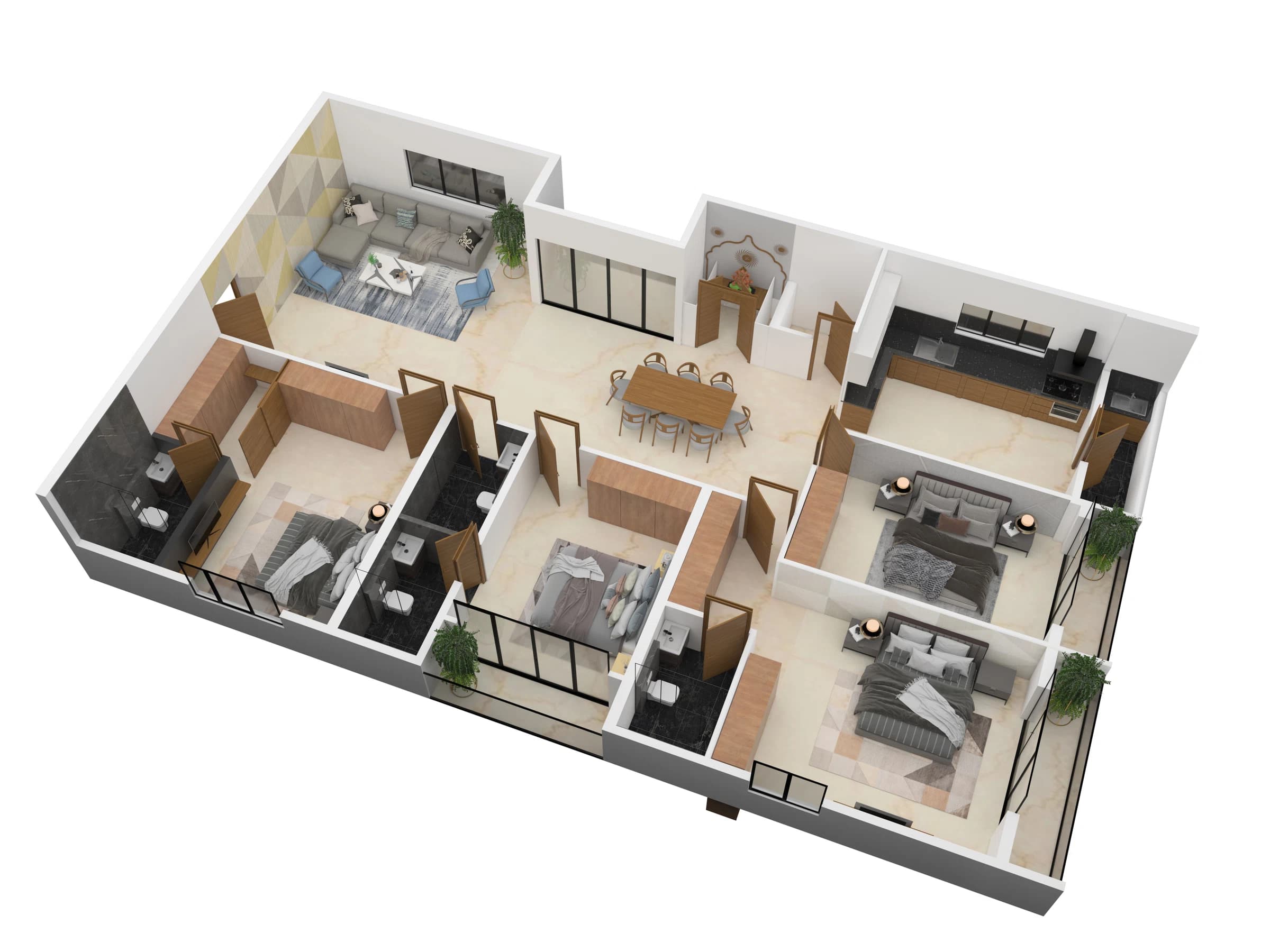 Isometric apartment layout with multiple rooms and balconies