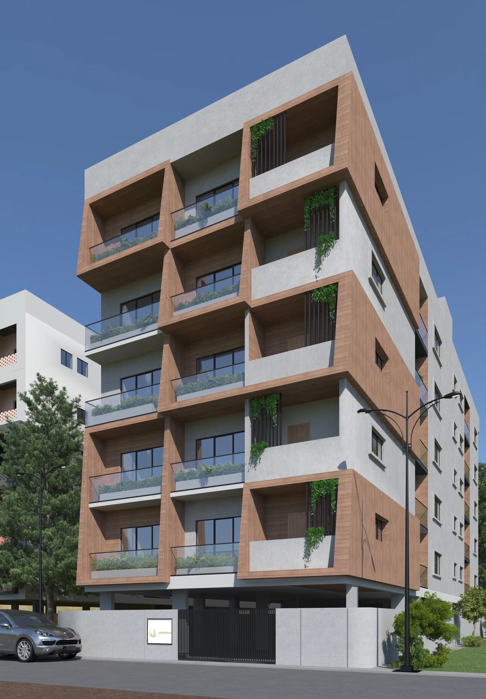 Daytime exterior view of a residential tower