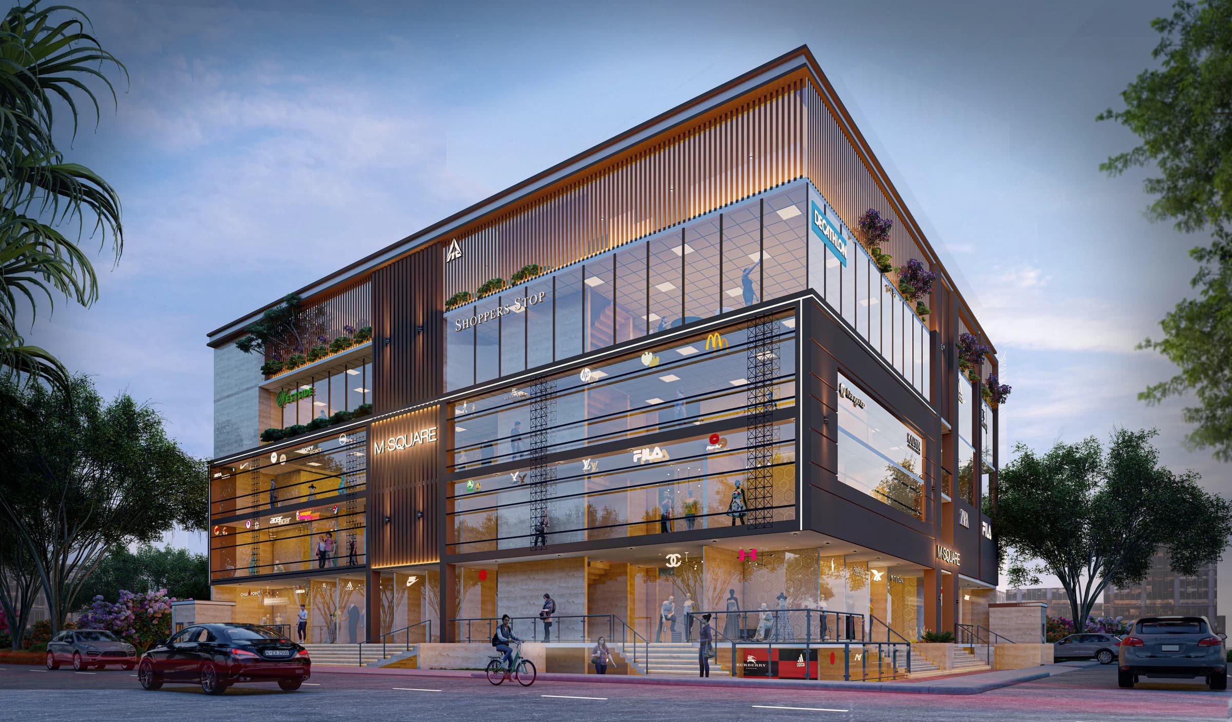 Evening exterior view of a multi-storey commercial building