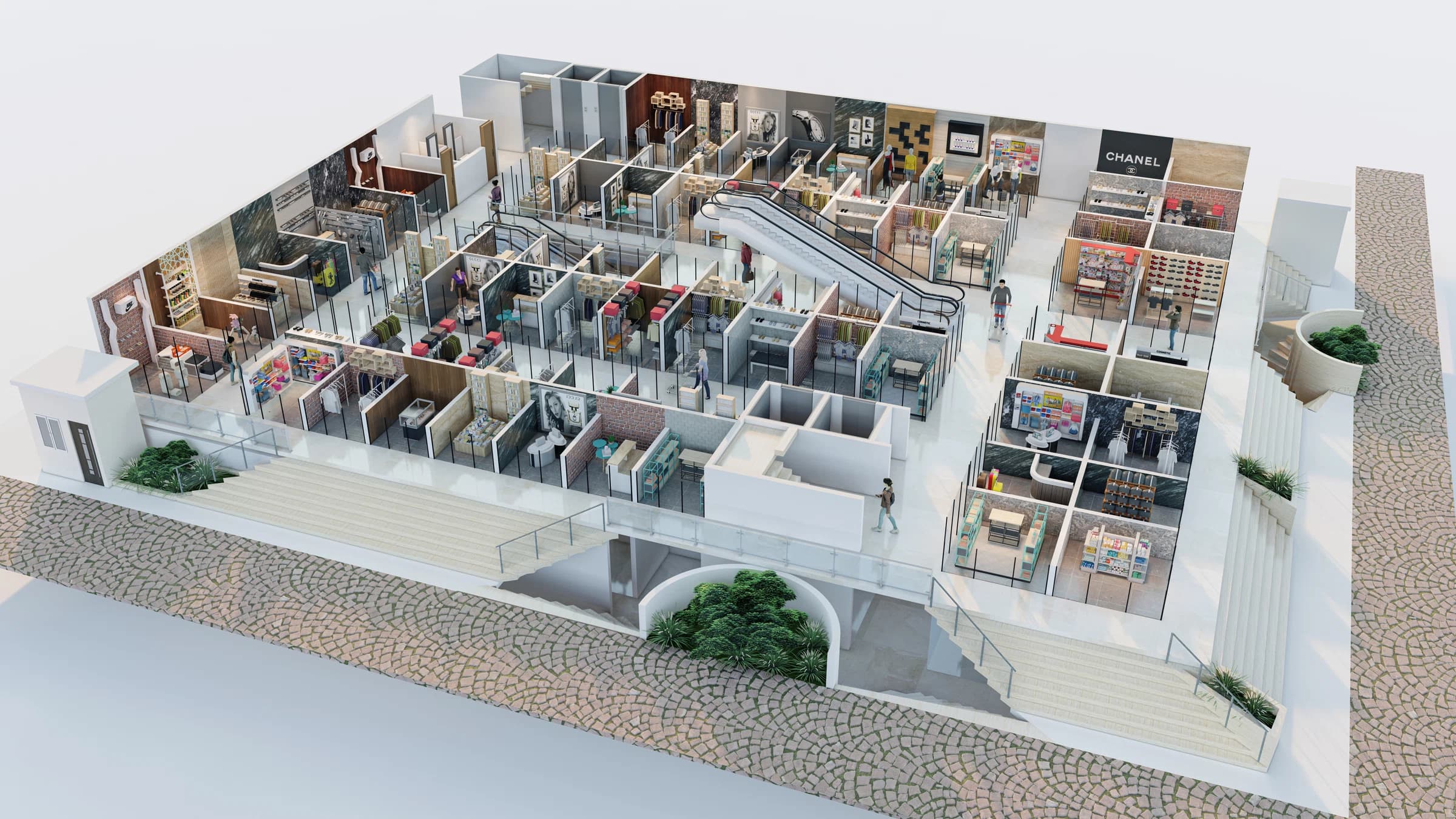 Isometric ground-floor layout with interior spaces