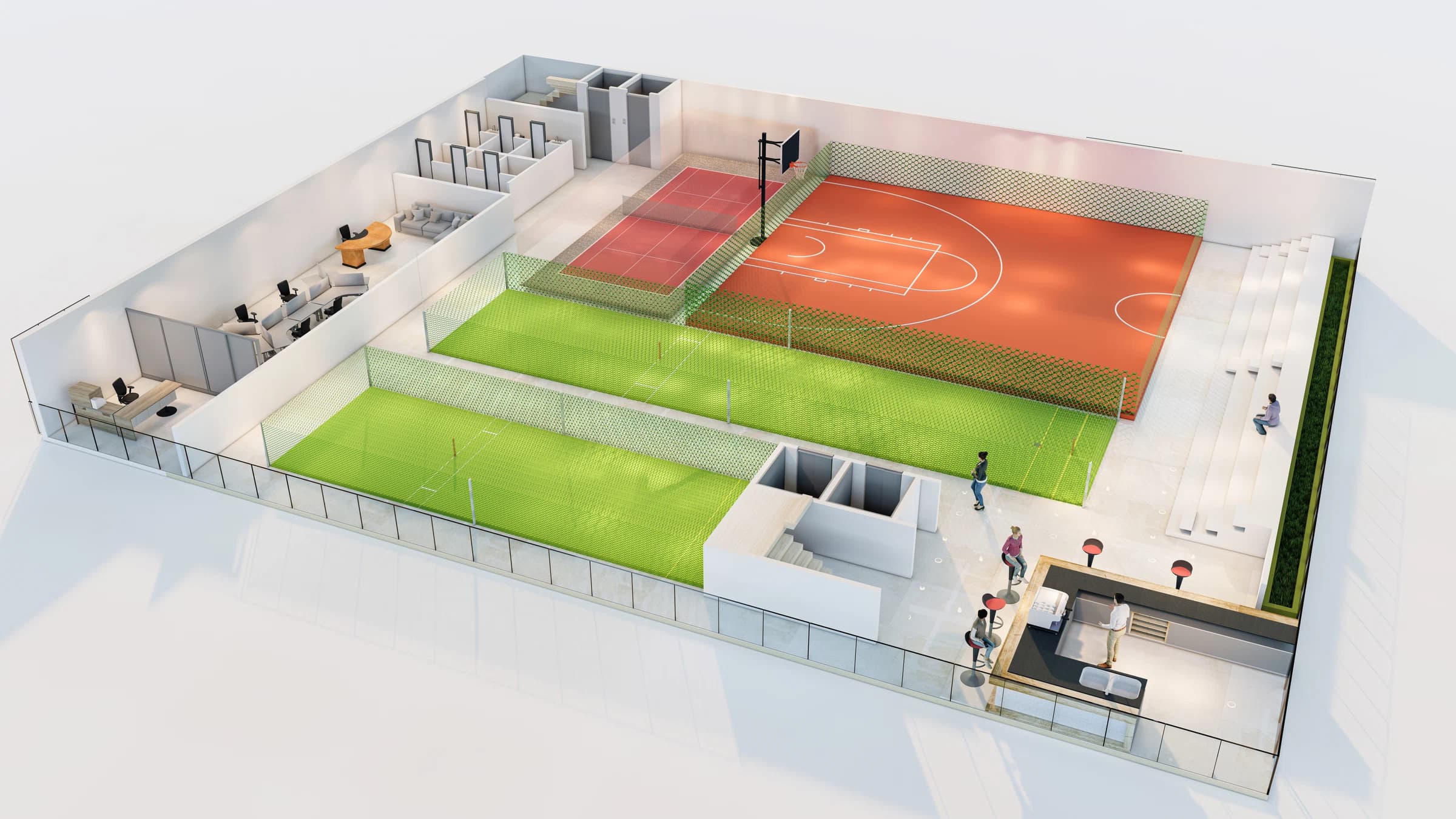 Isometric terrace-level sports and outdoor layout