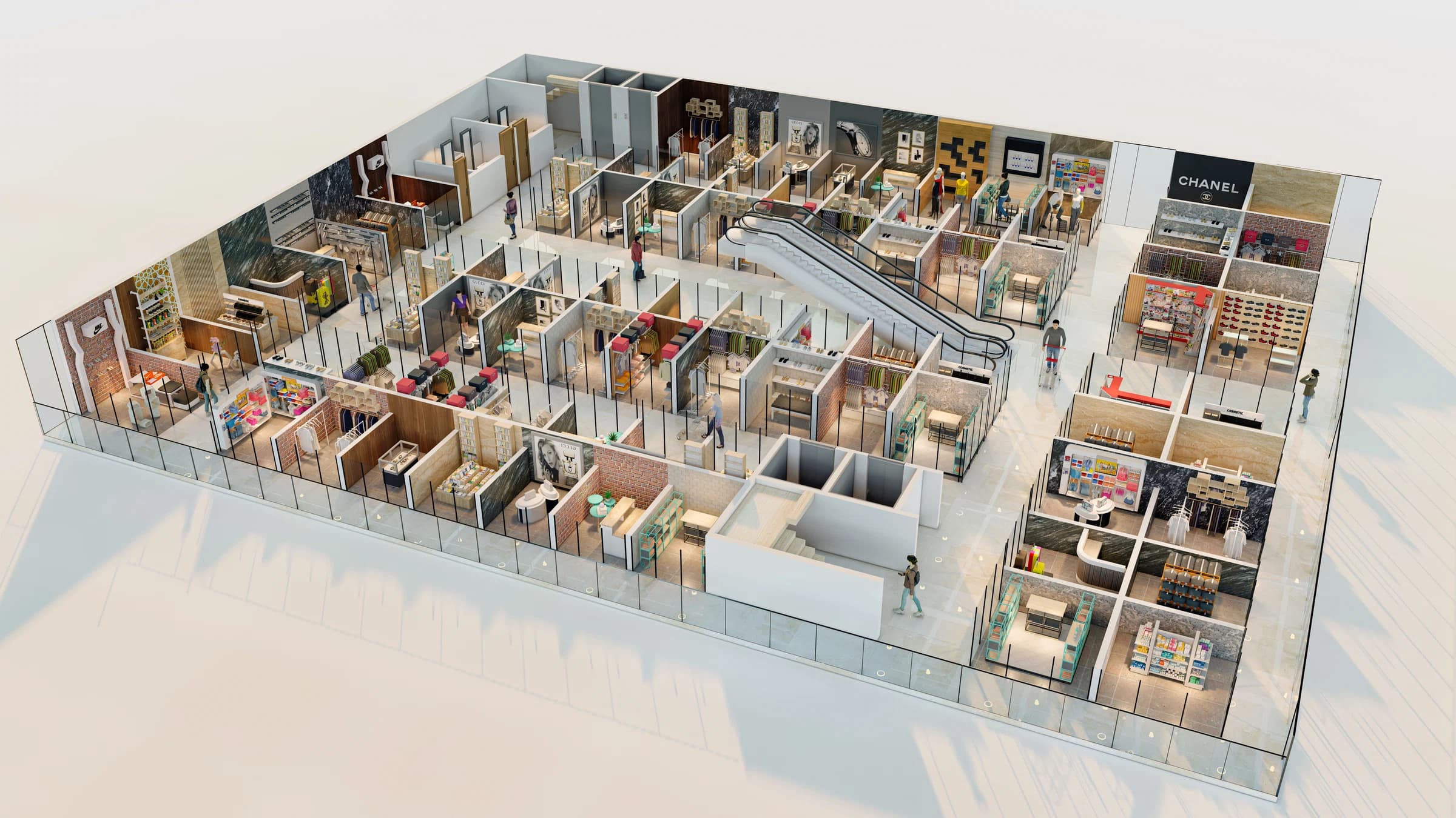Isometric cut-plan view of interior spaces