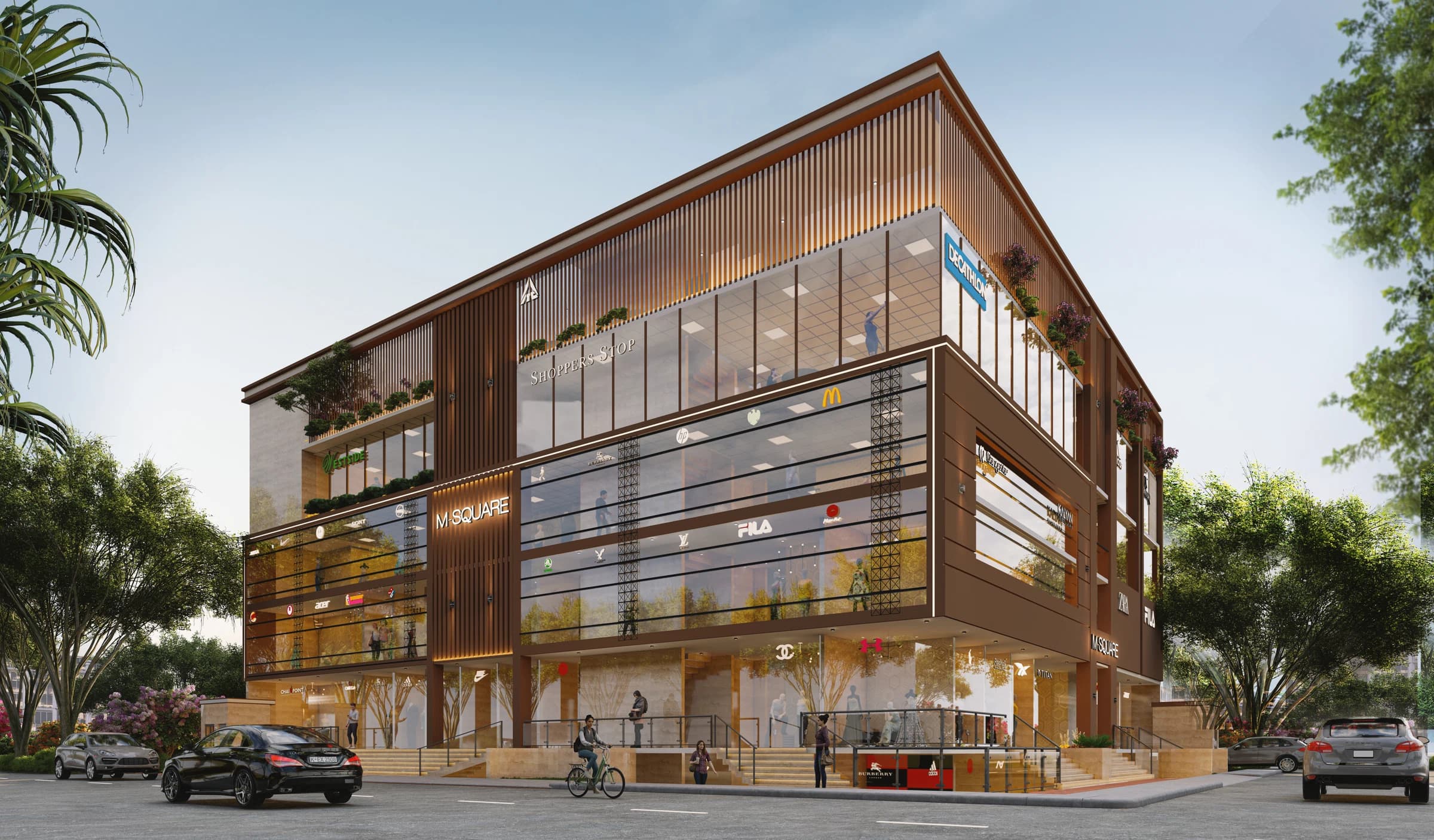 Daytime exterior view of a multi-storey commercial building