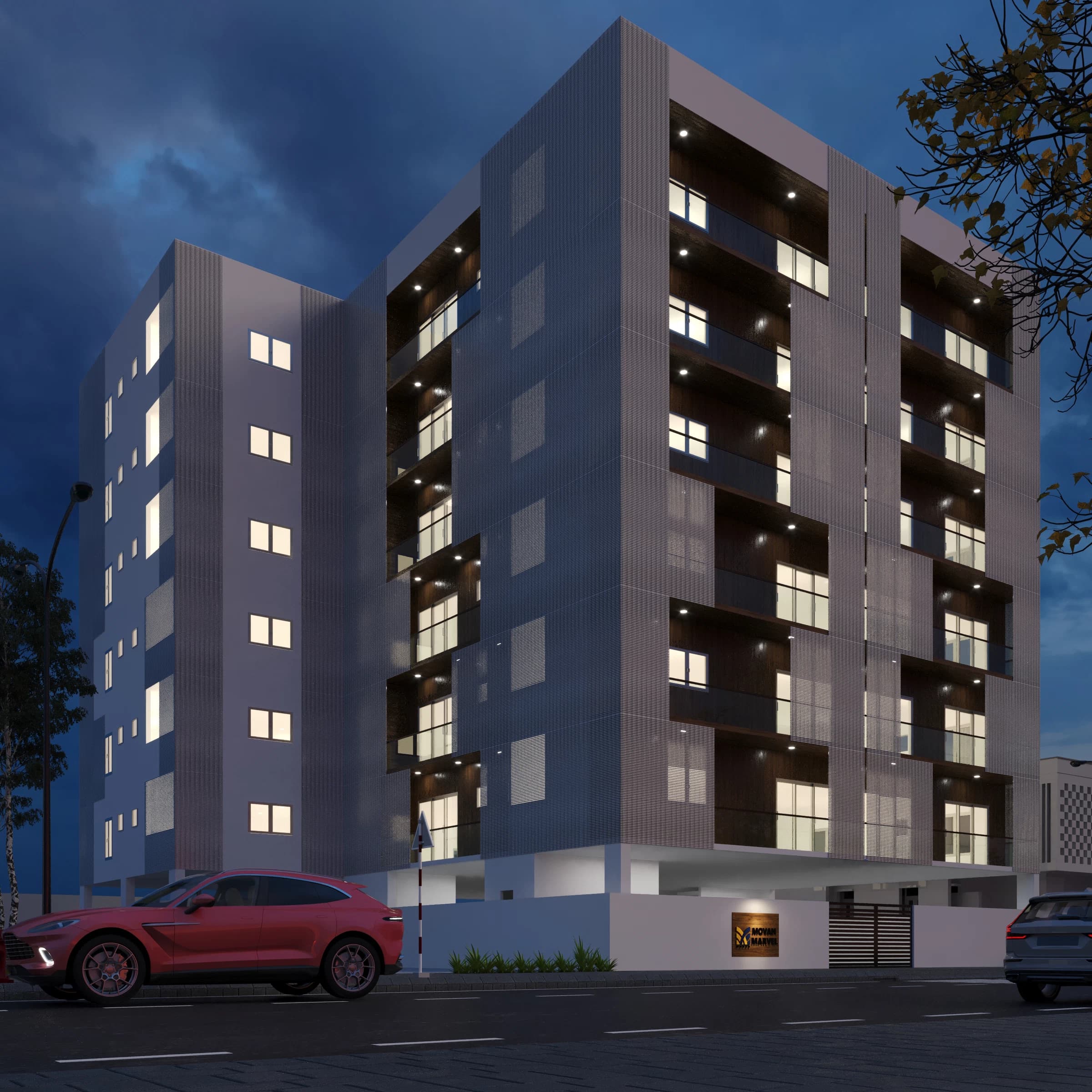 Evening exterior view of a residential building with balconies