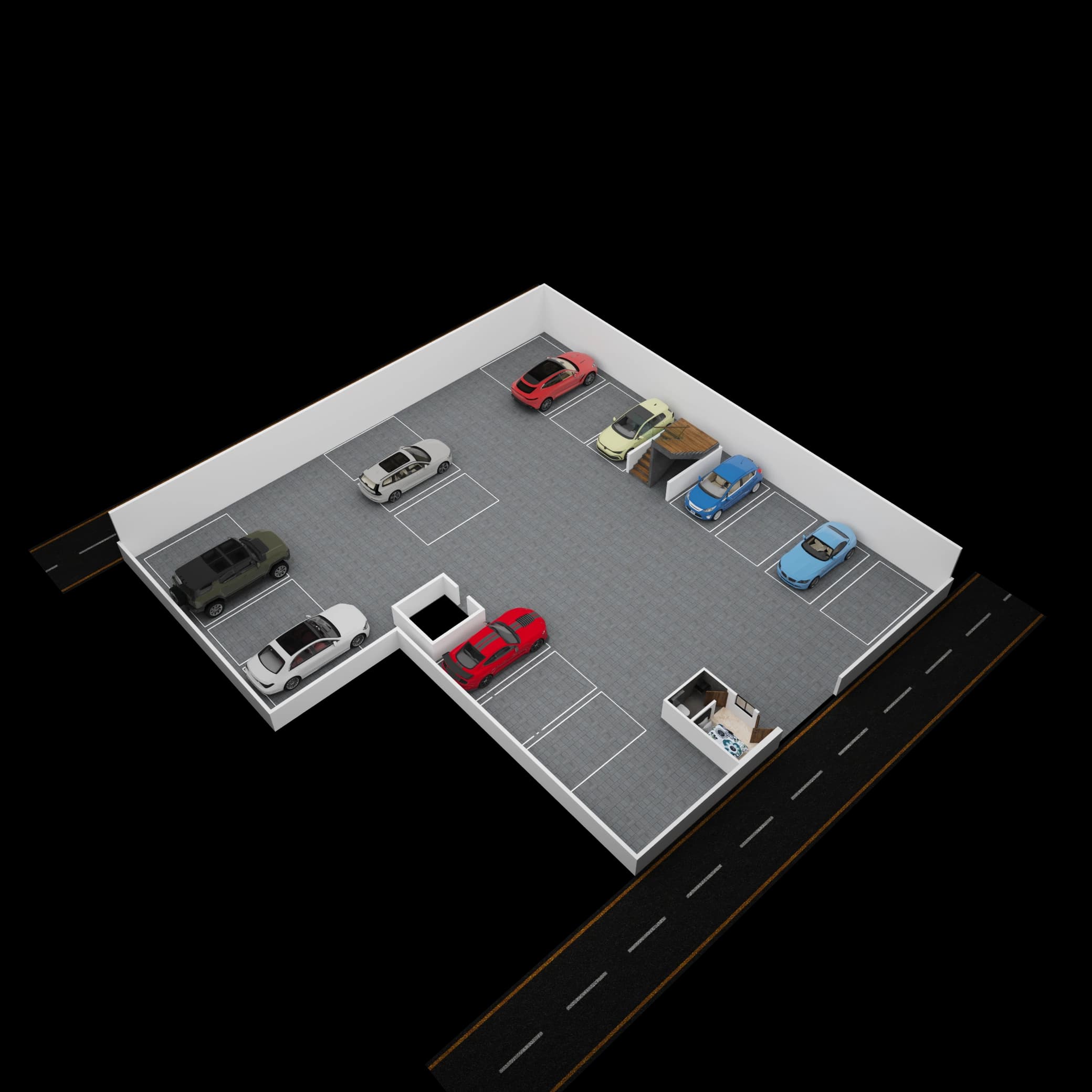 Isometric ground-level layout with parking and open areas
