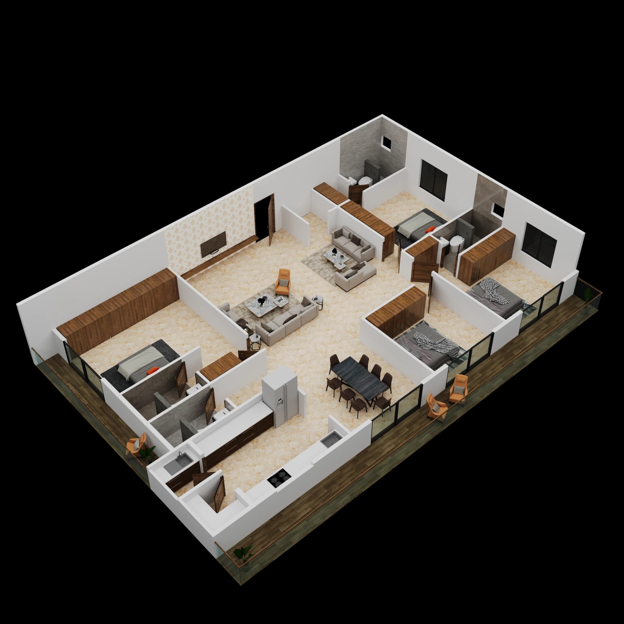 Isometric apartment layout with living and bedroom spaces