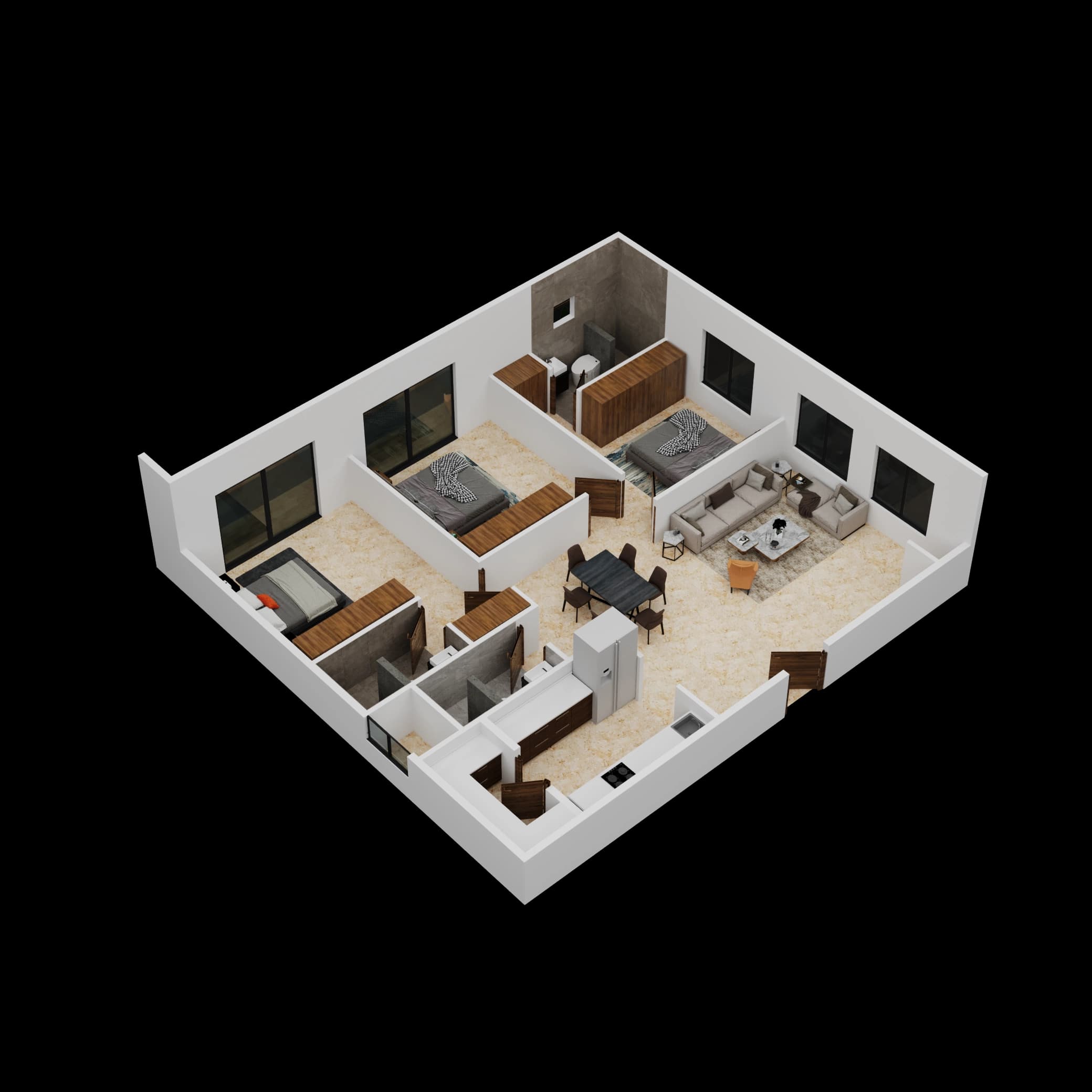 Isometric apartment layout with multiple rooms