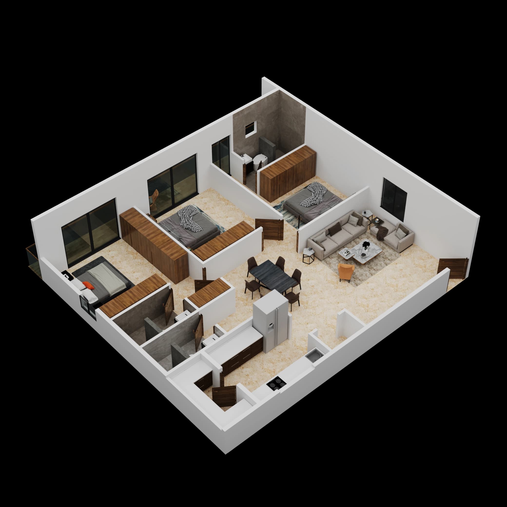 Isometric apartment layout with balcony and bedroom spaces