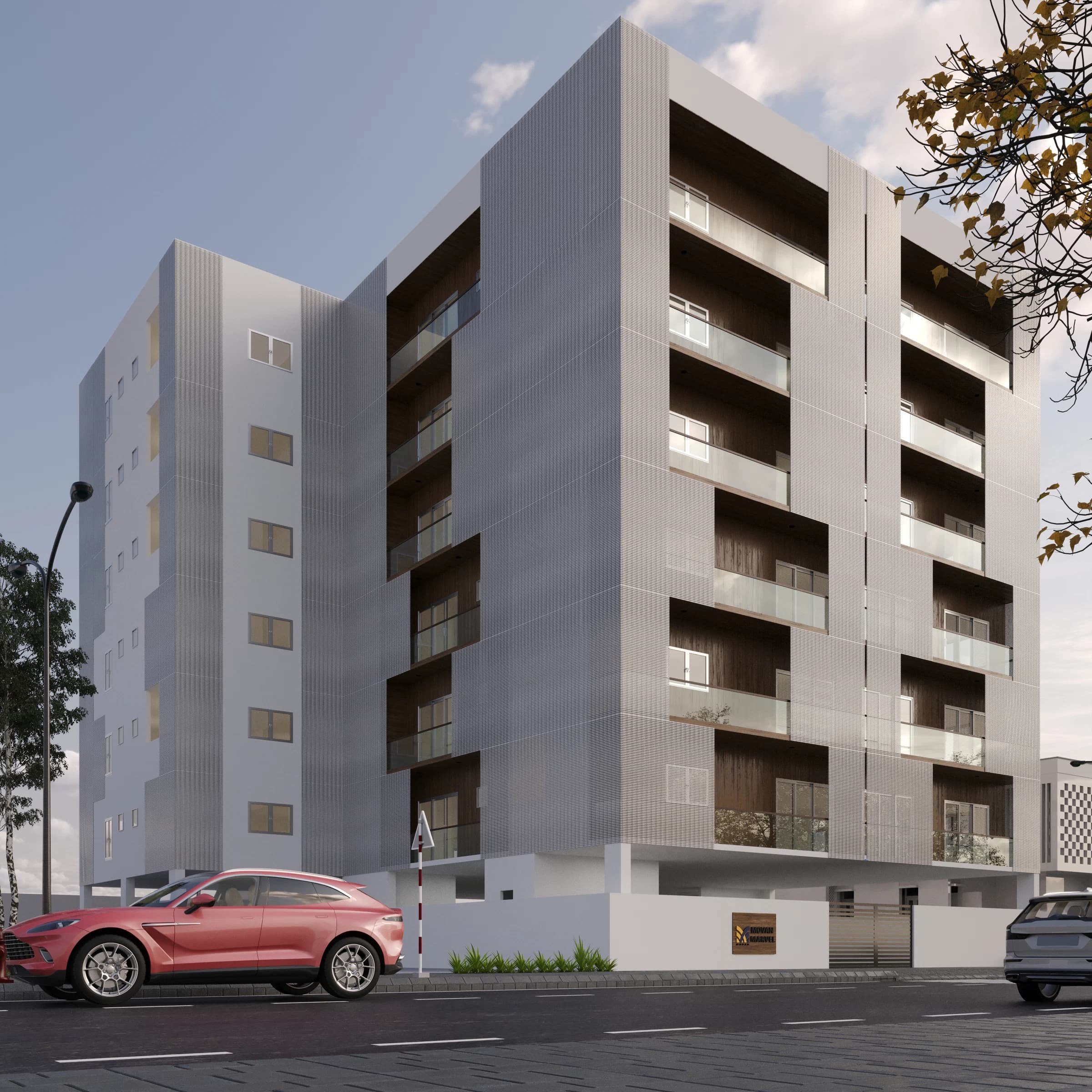 Exterior view of a residential building with balconies