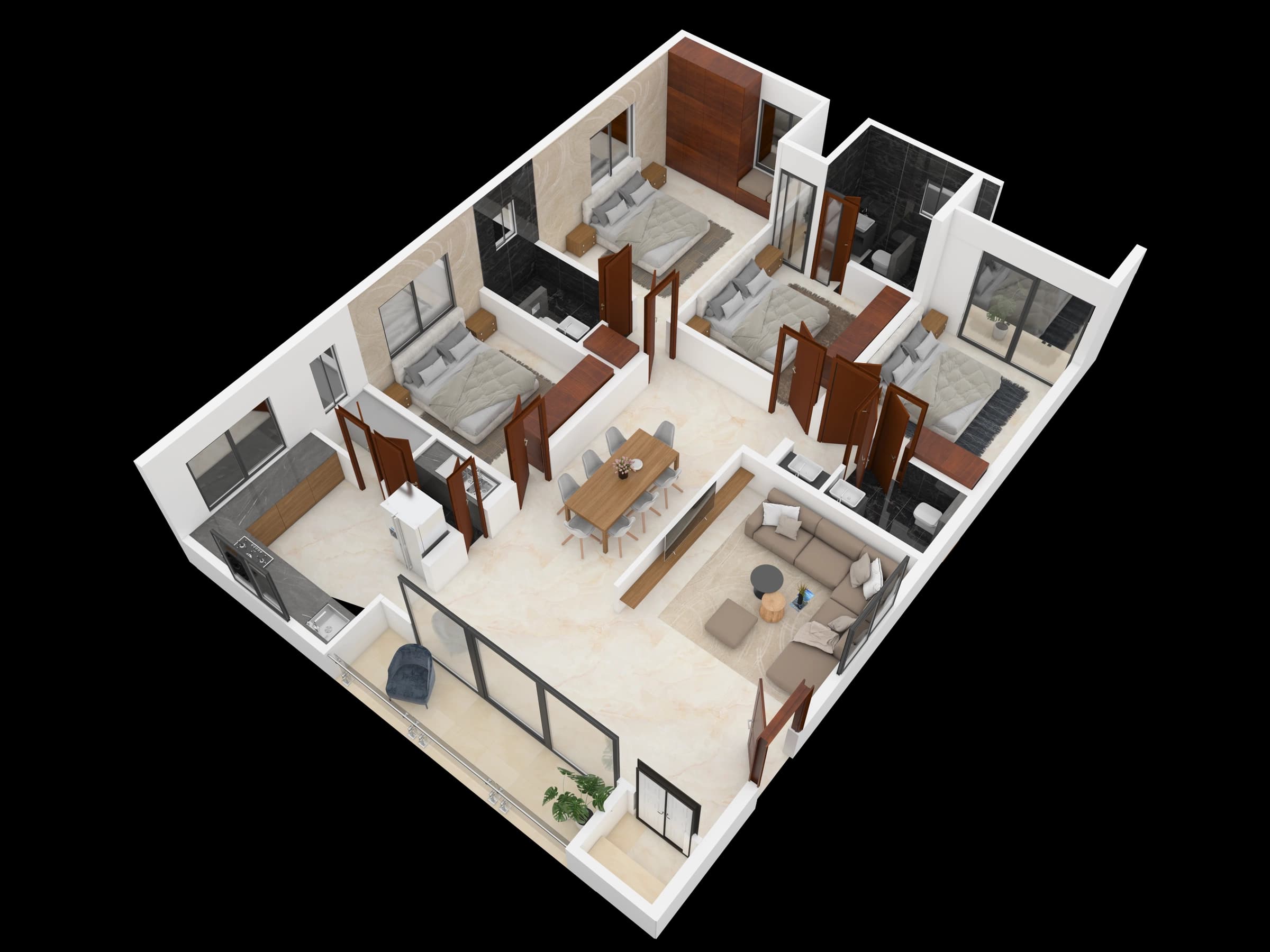 Isometric apartment layout with living and bedroom spaces