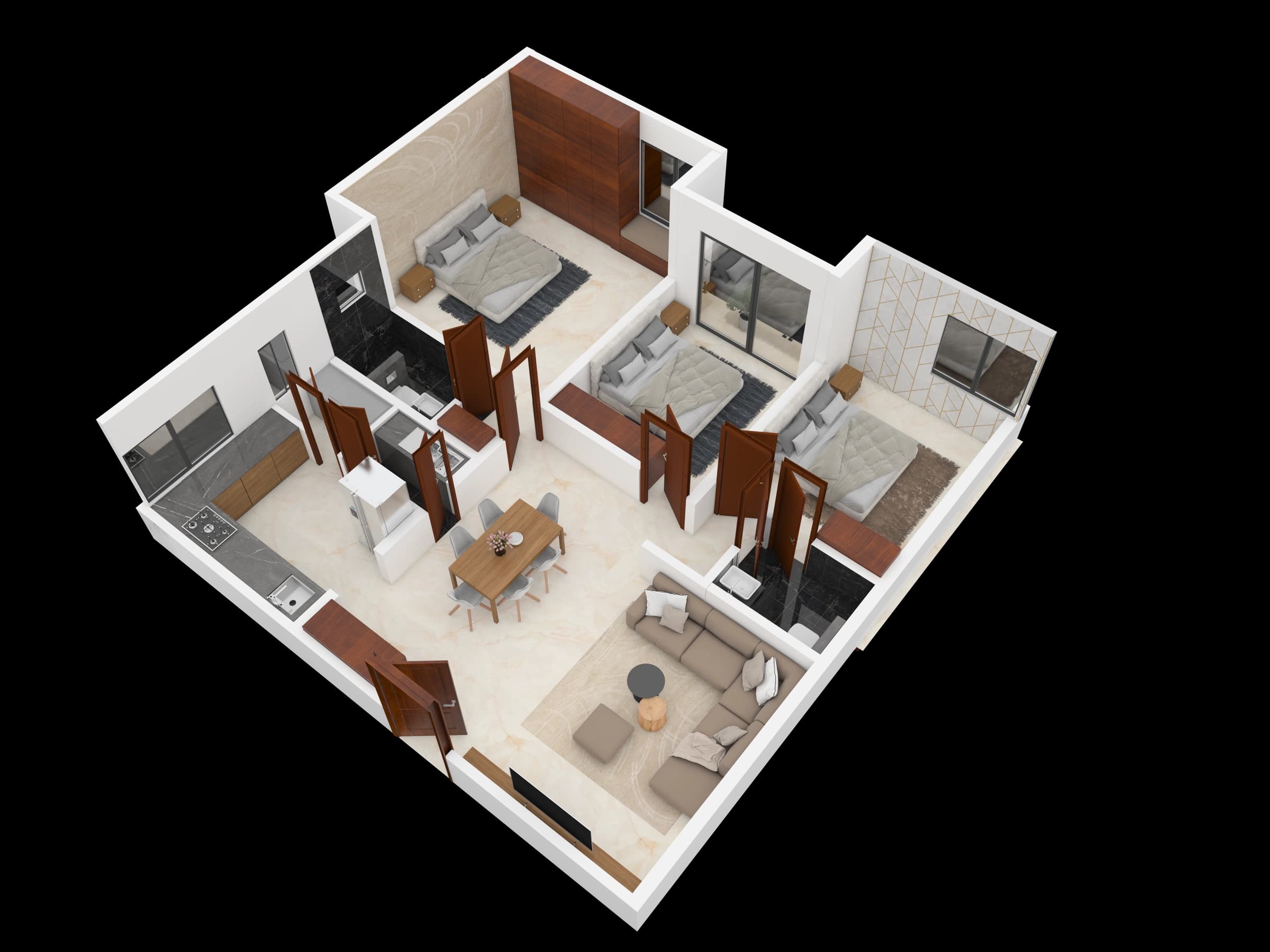 Isometric apartment layout with multiple bedrooms