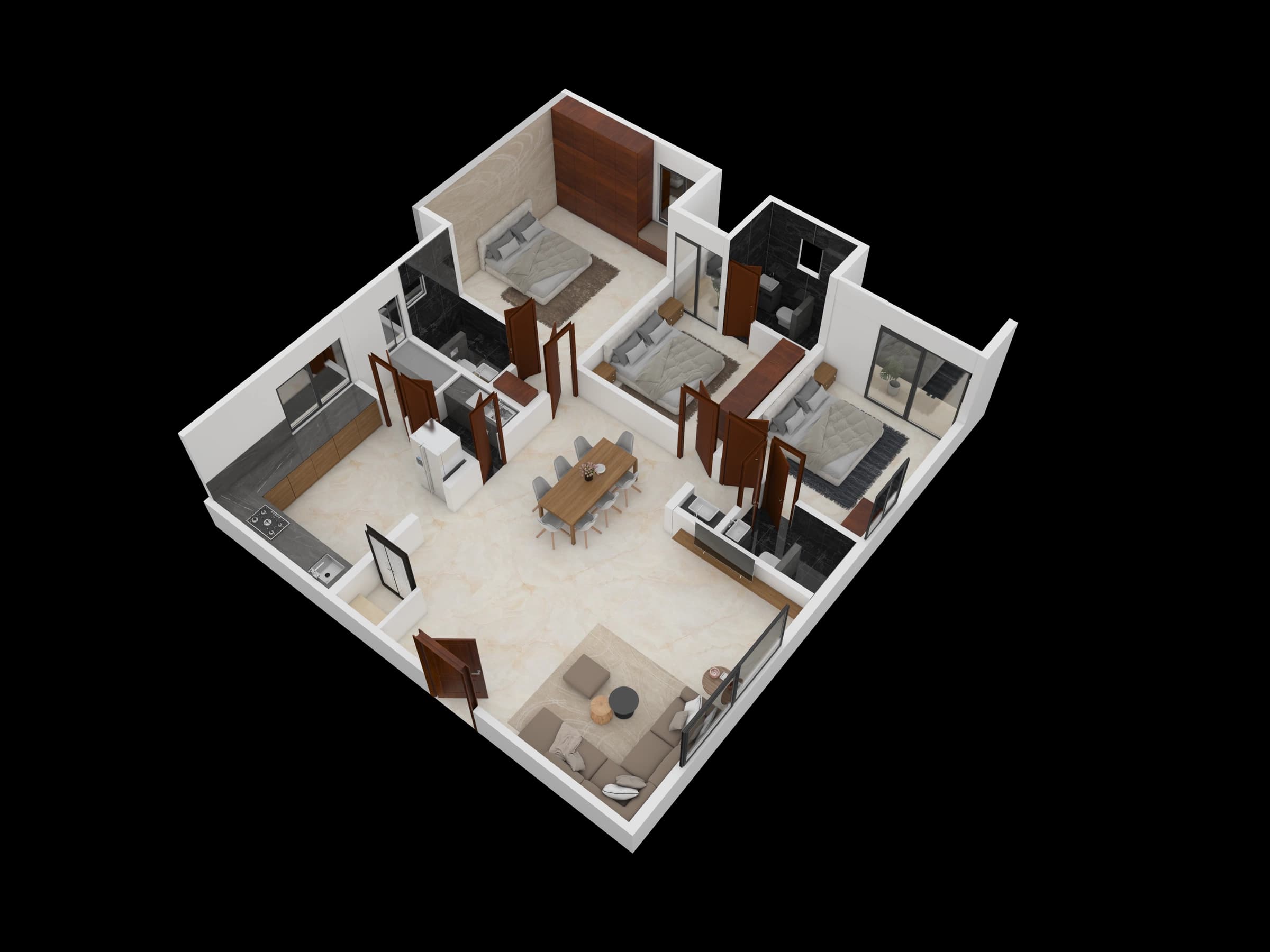Isometric apartment layout with balcony and bedroom spaces