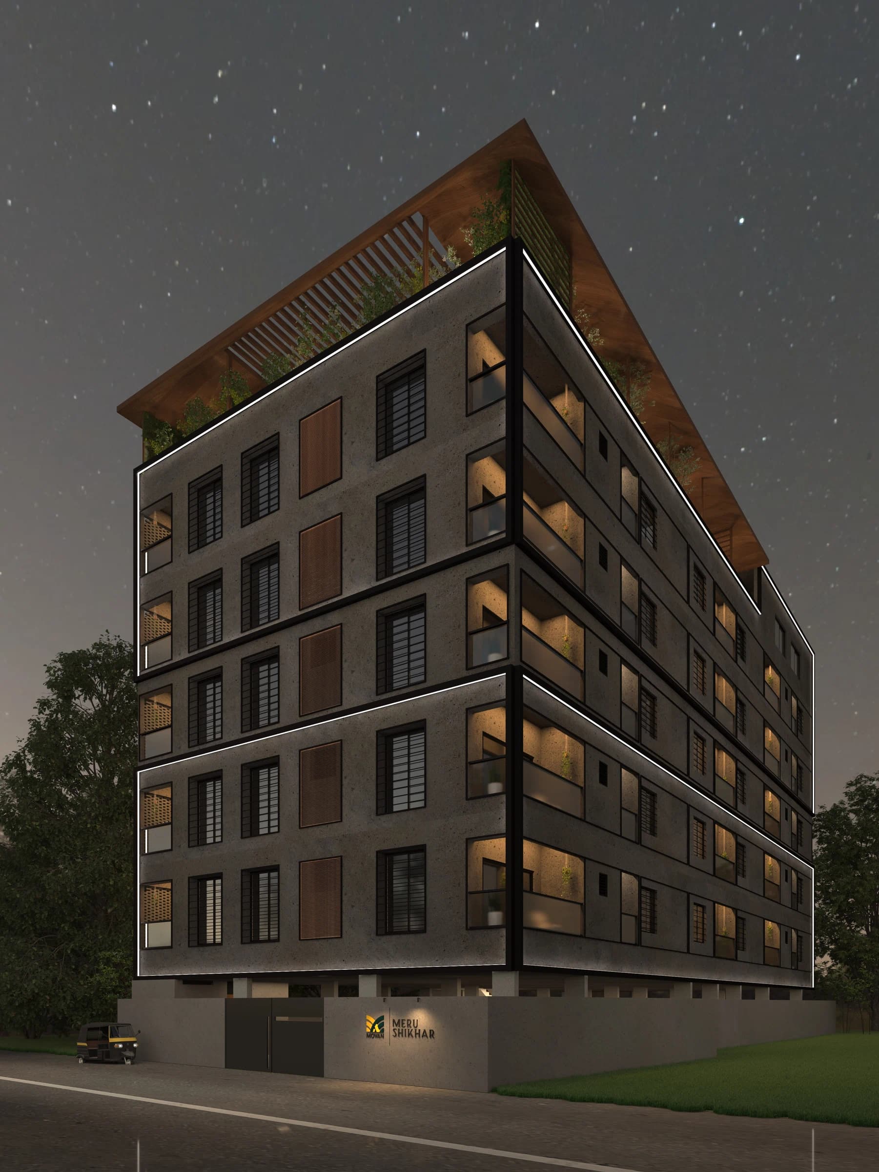Night exterior view of a residential building