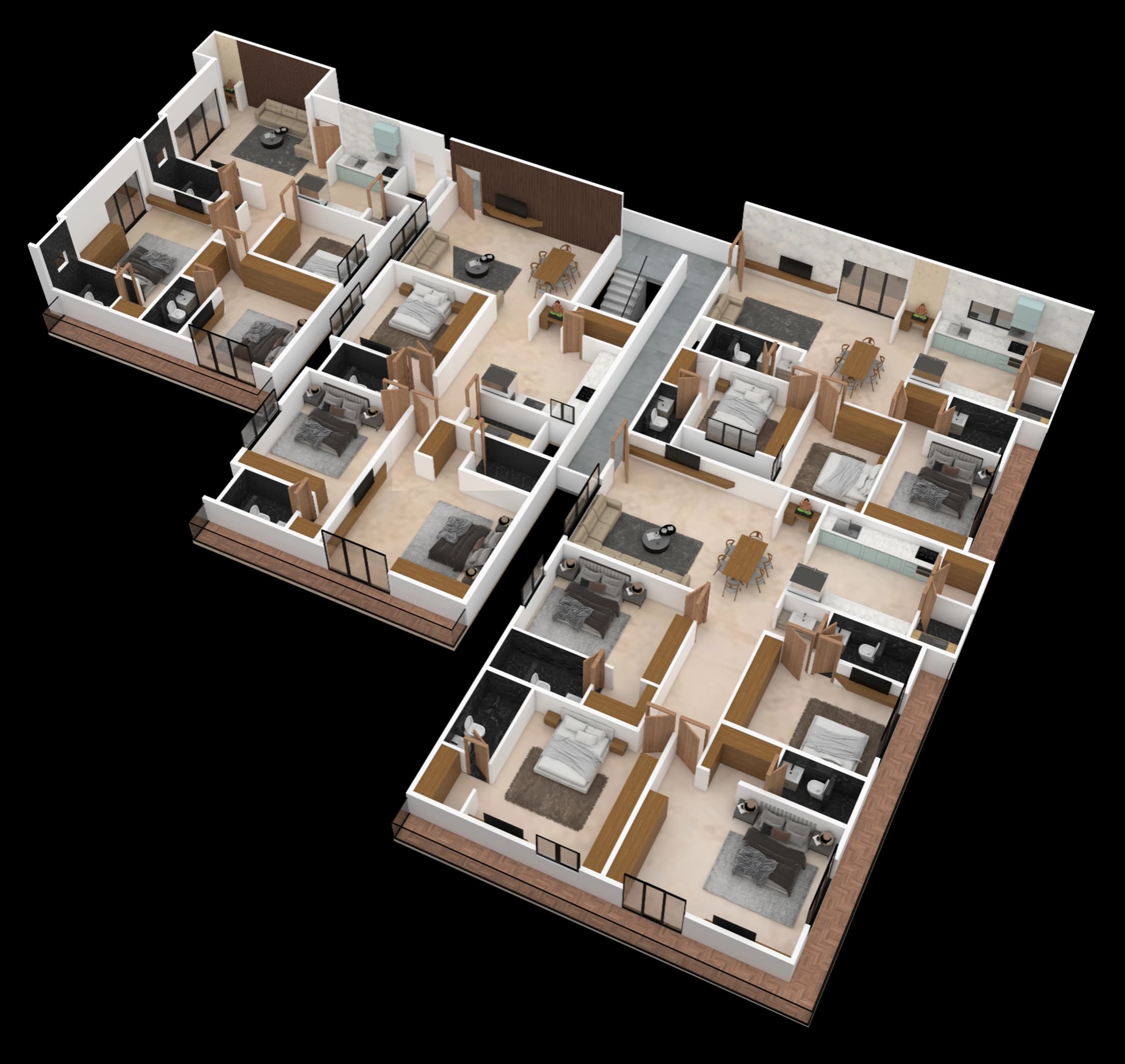 Isometric site layout with building and outdoor spaces