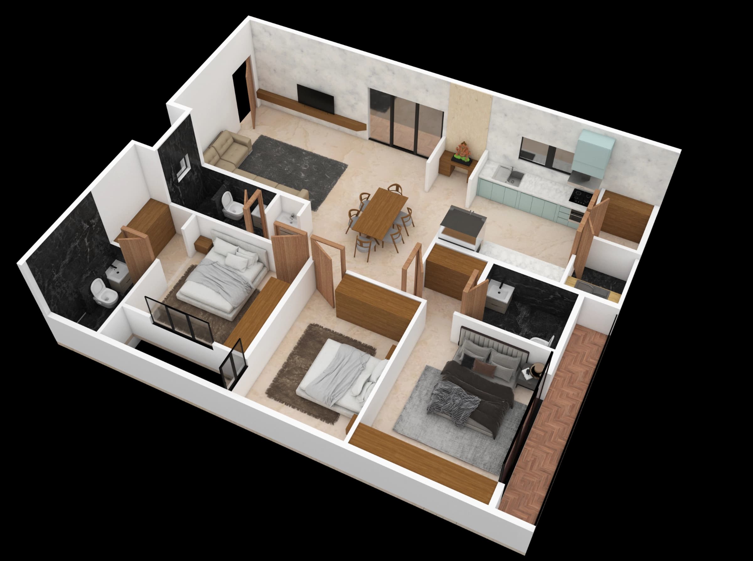Isometric residential building render with surrounding context