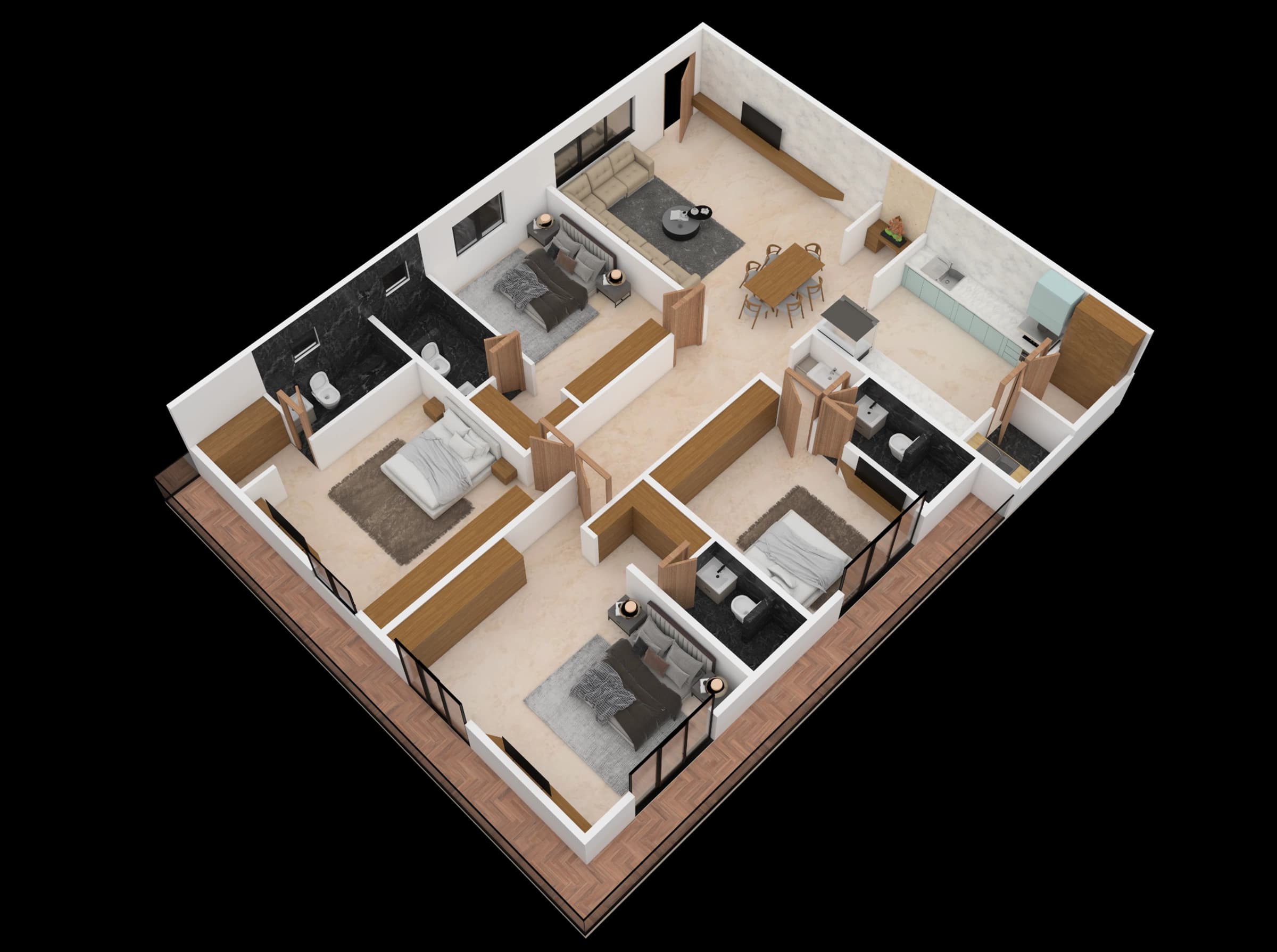 Isometric apartment layout with living and bedroom spaces