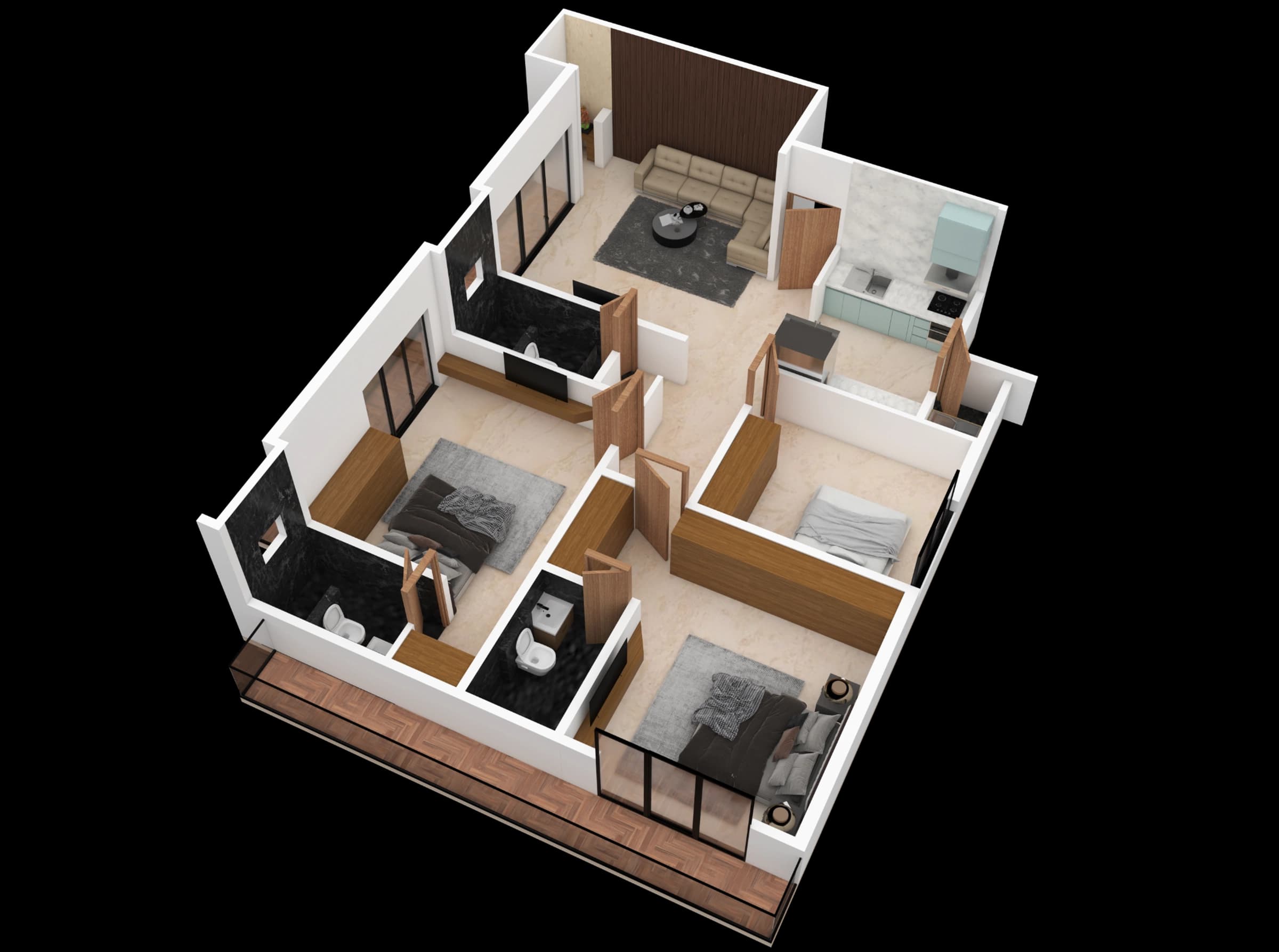 Isometric floor layout with rooms and circulation