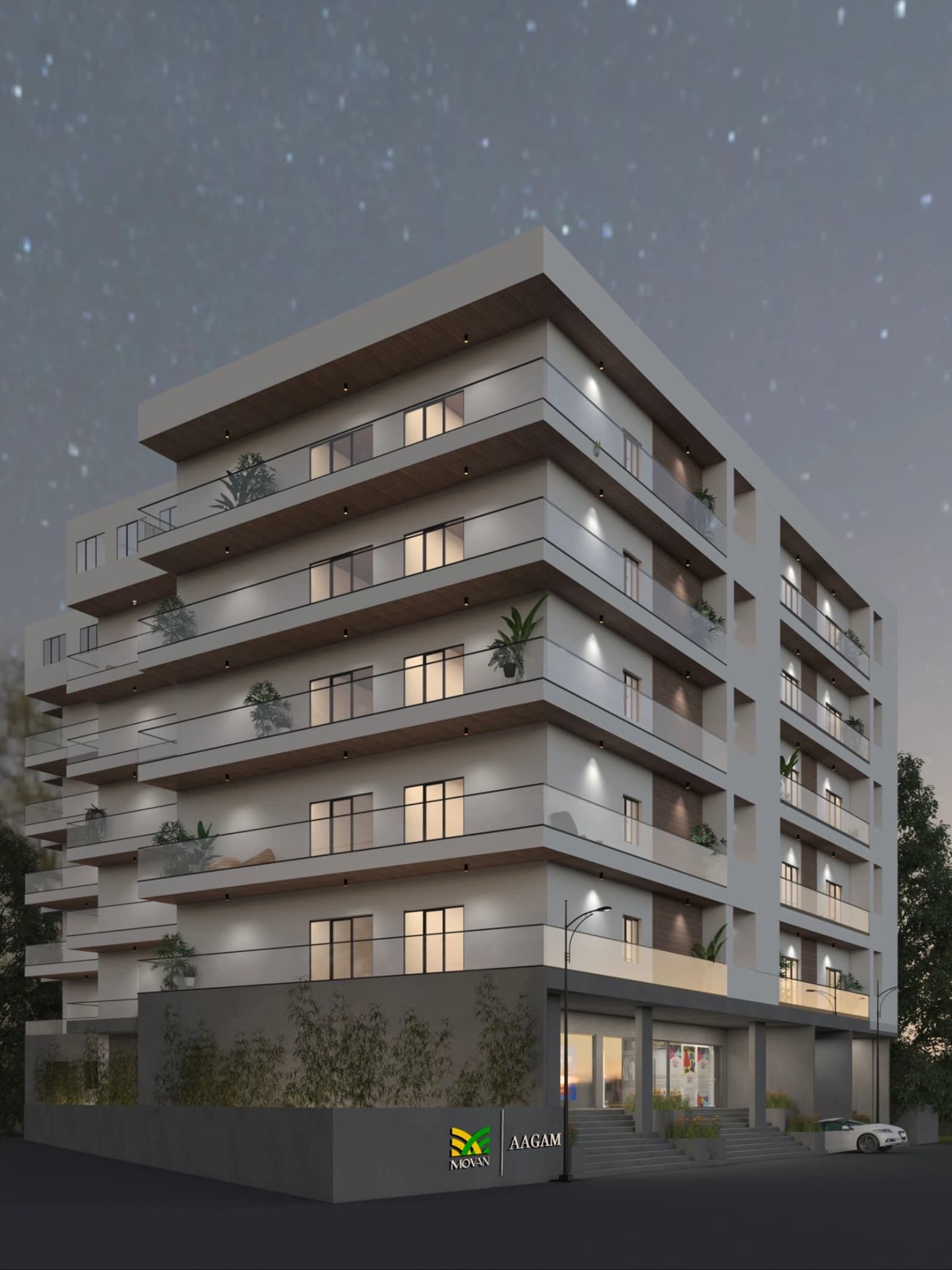 Night exterior view of a residential building