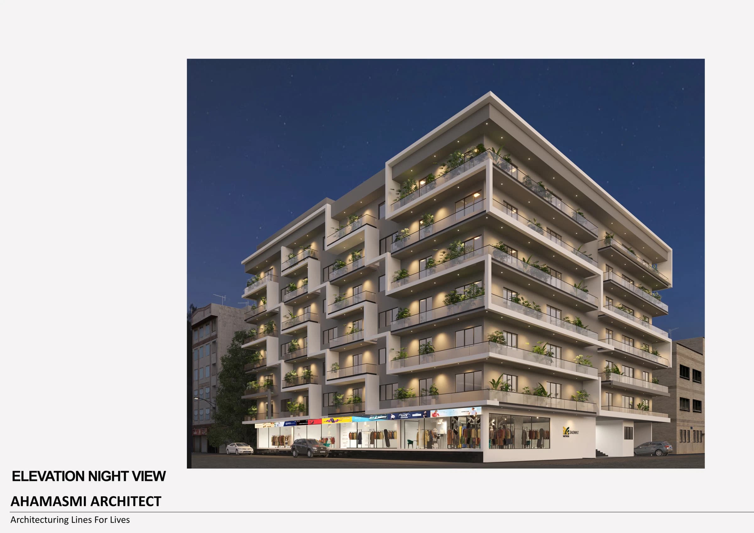 Night exterior view of a multi-storey residential building