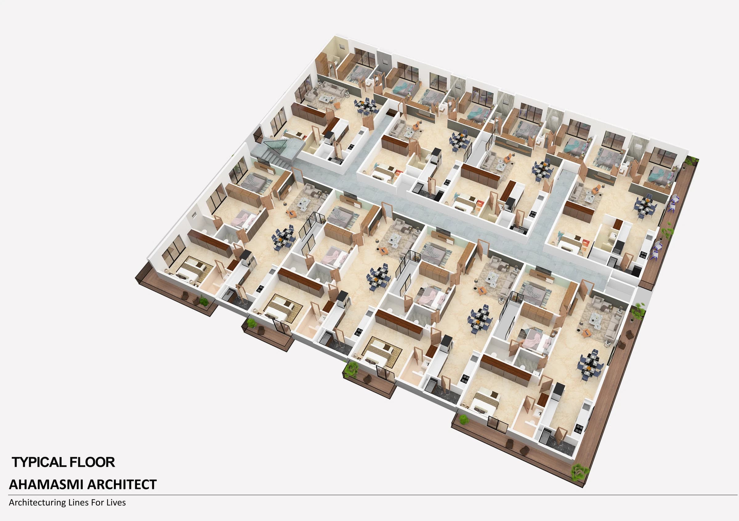 Typical-floor plan drawing with apartment layouts