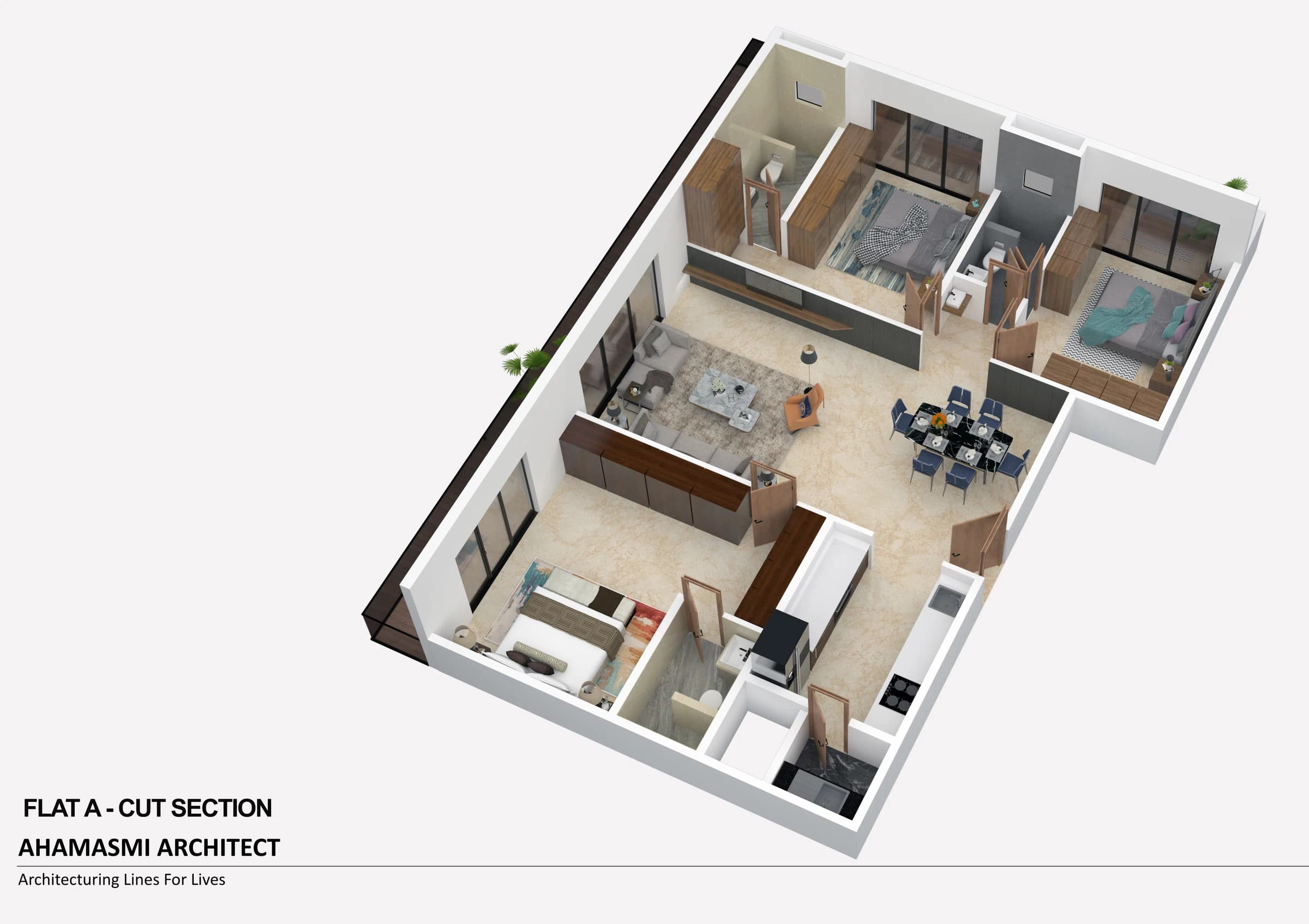 Isometric apartment layout with living and bedroom spaces