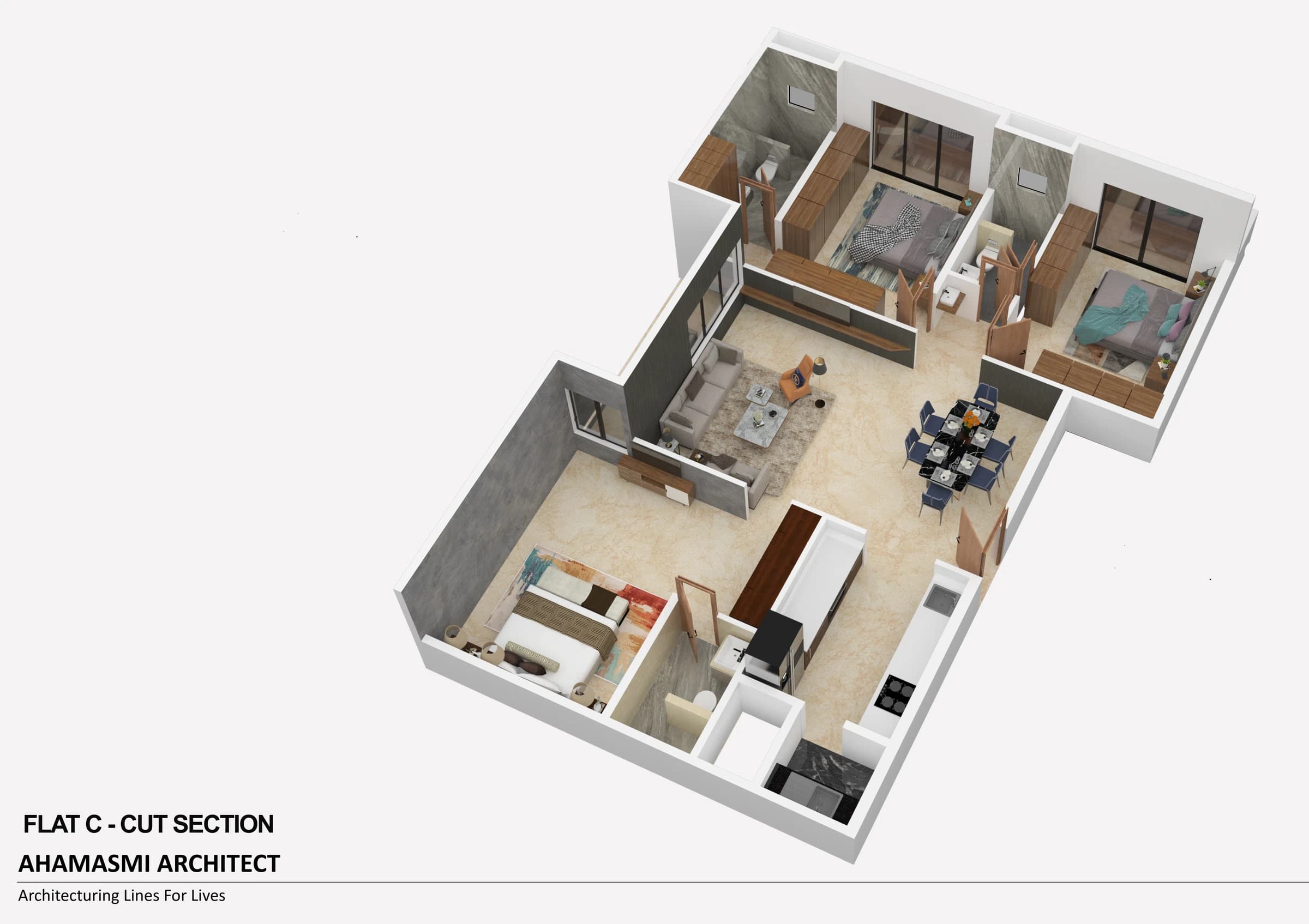 Isometric apartment layout with balcony and bedrooms