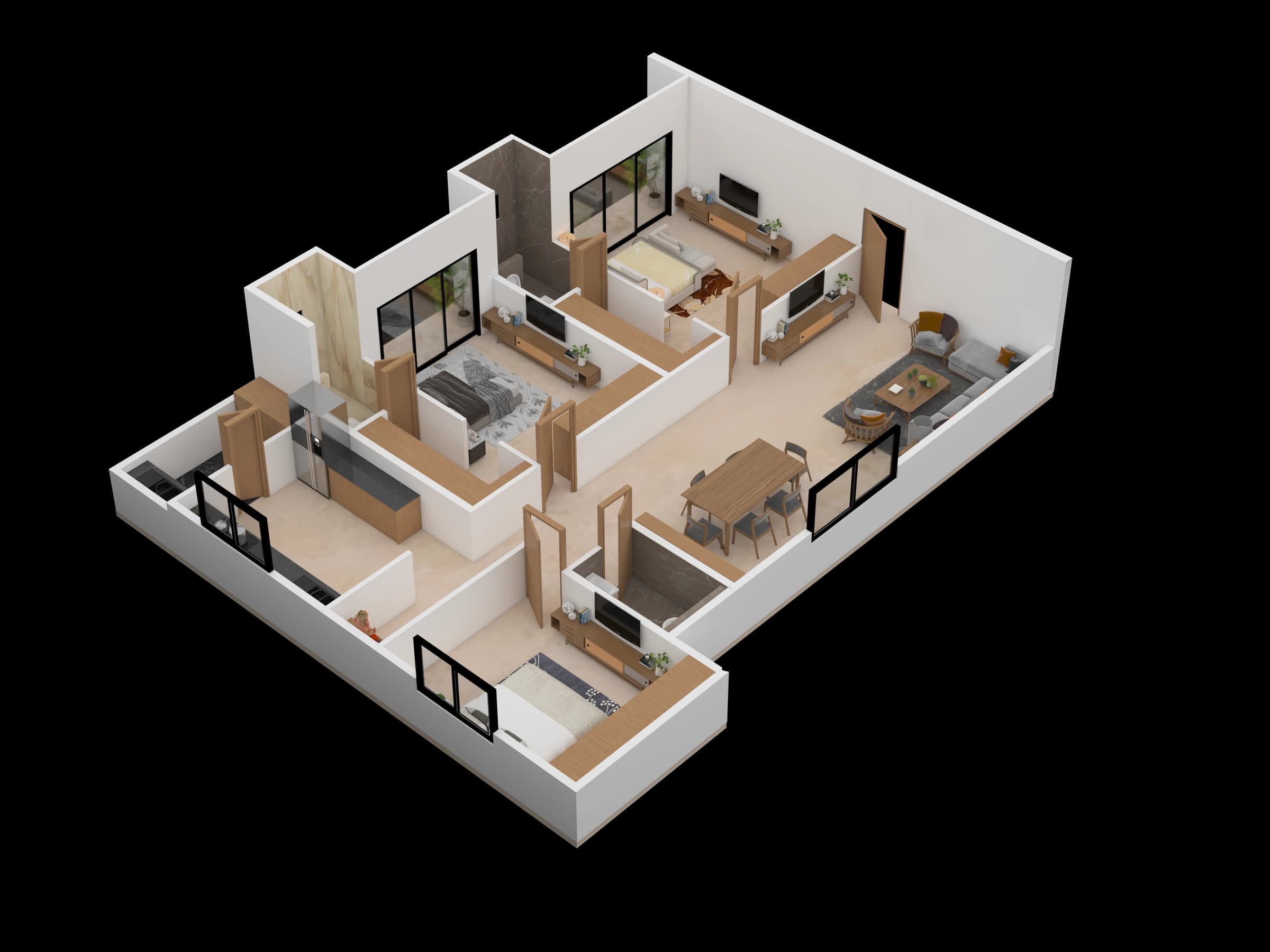 Isometric apartment layout with living and bedroom spaces