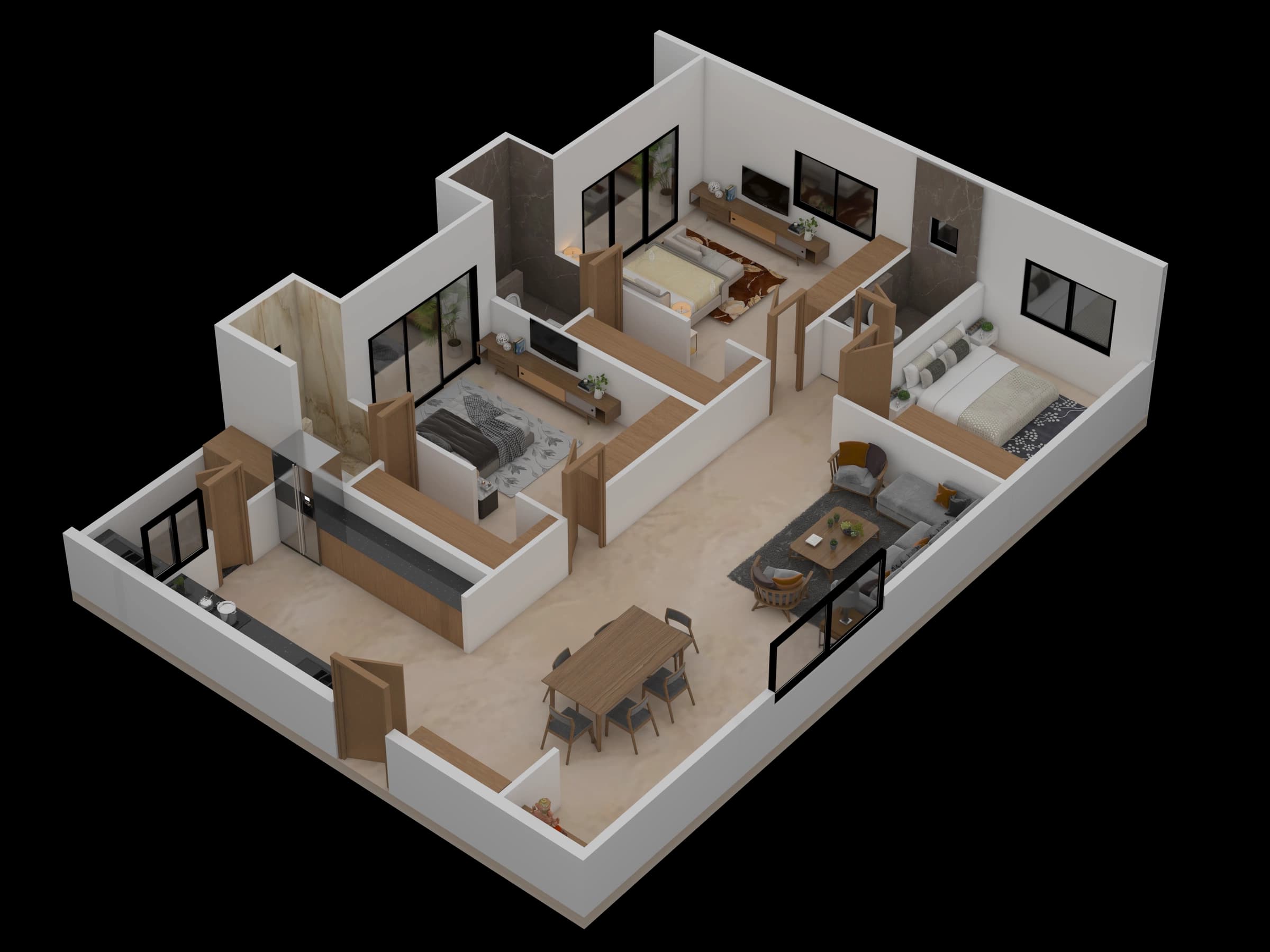 Isometric apartment layout with multiple rooms