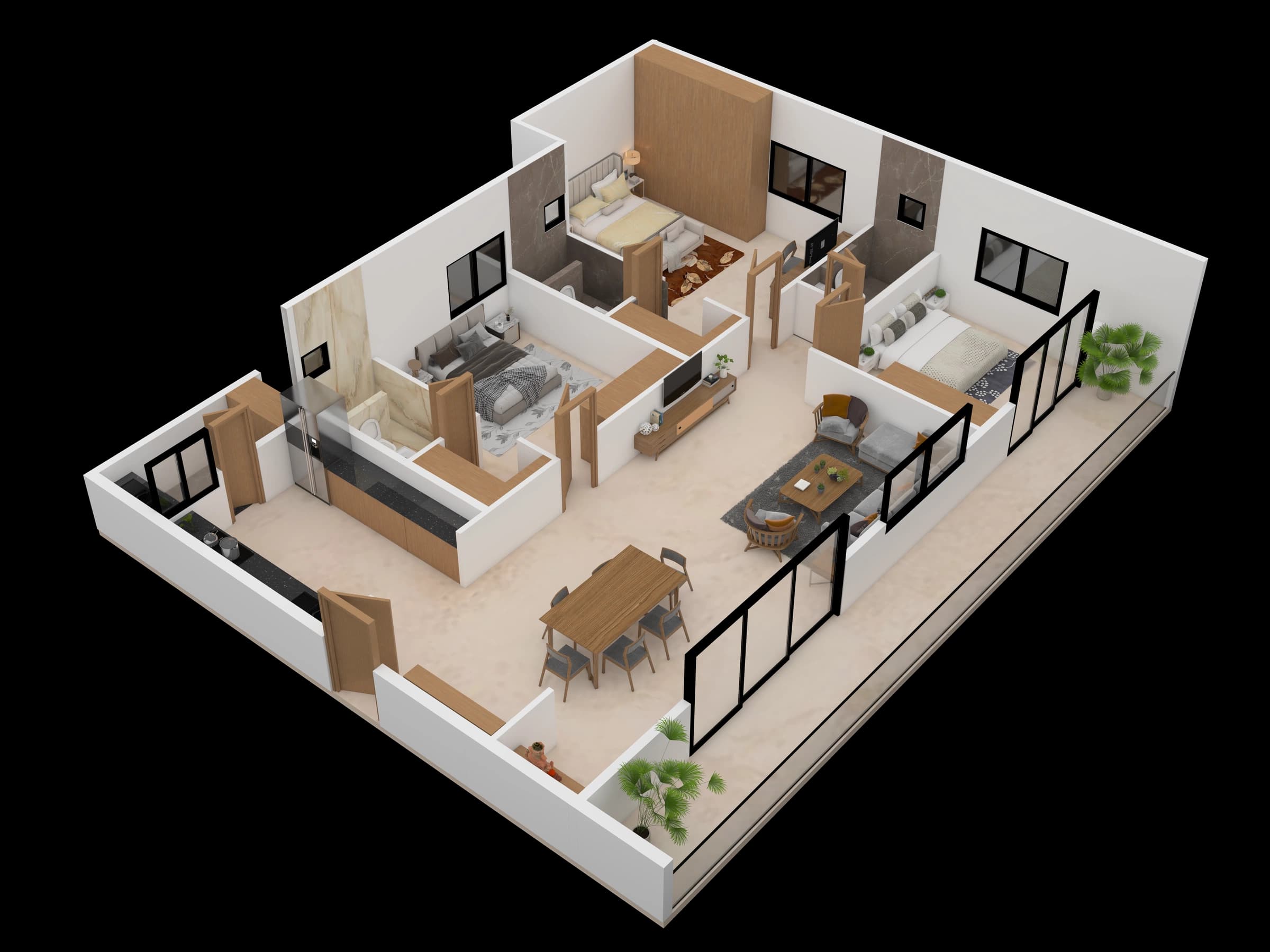 Isometric apartment layout with balcony and room divisions