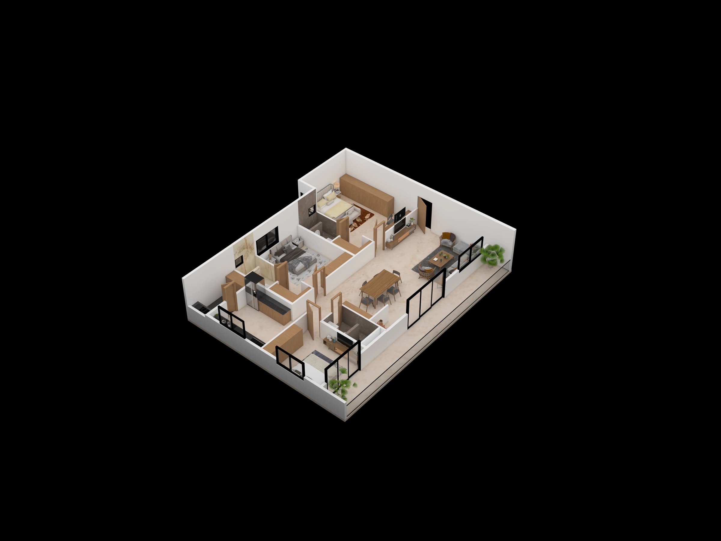 Isometric apartment layout with bedrooms and circulation